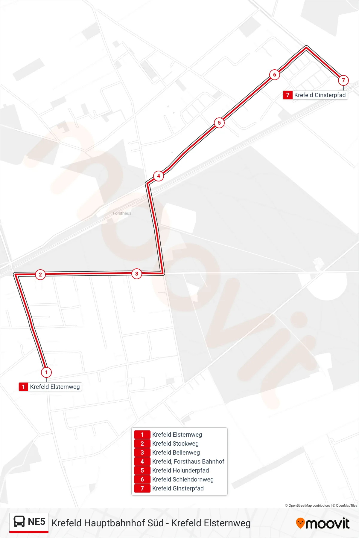 NE5 bus Line (Krefeld Ginsterpfad) route and stops on a map