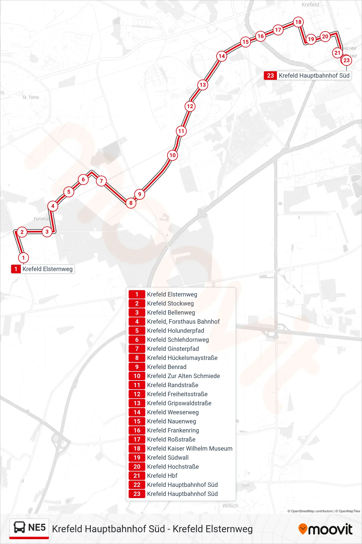 Linie NE5 (Bus) Richtung Krefeld Hauptbahnhof Süd: Route und Haltestellen auf der Karte