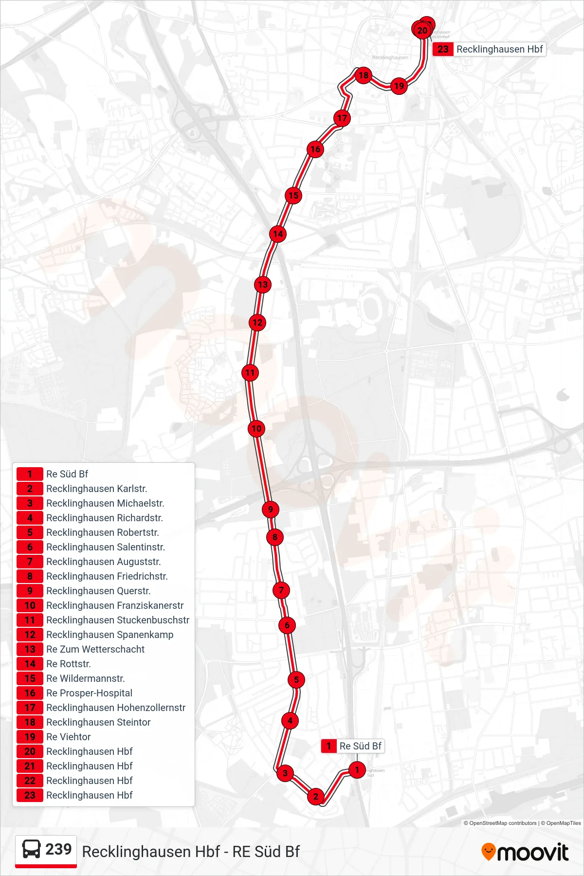Linie 239 (Bus) Richtung Recklinghausen Hbf: Route und Haltestellen auf der Karte