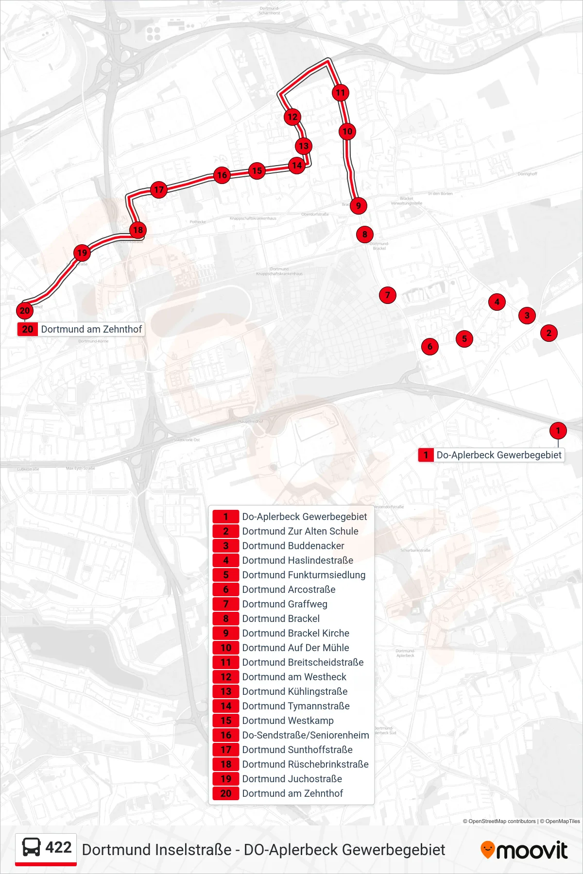 422 bus Line (Dortmund am Zehnthof) route and stops on a map