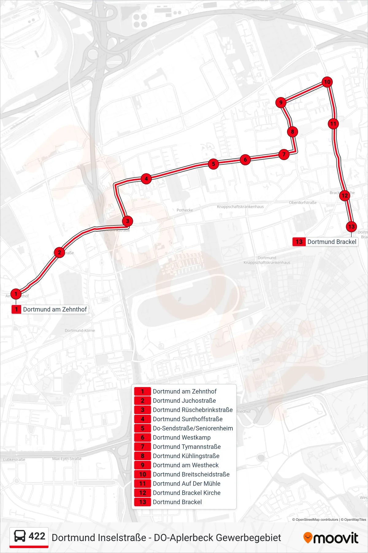 422 bus Line (Dortmund Brackel) route and stops on a map