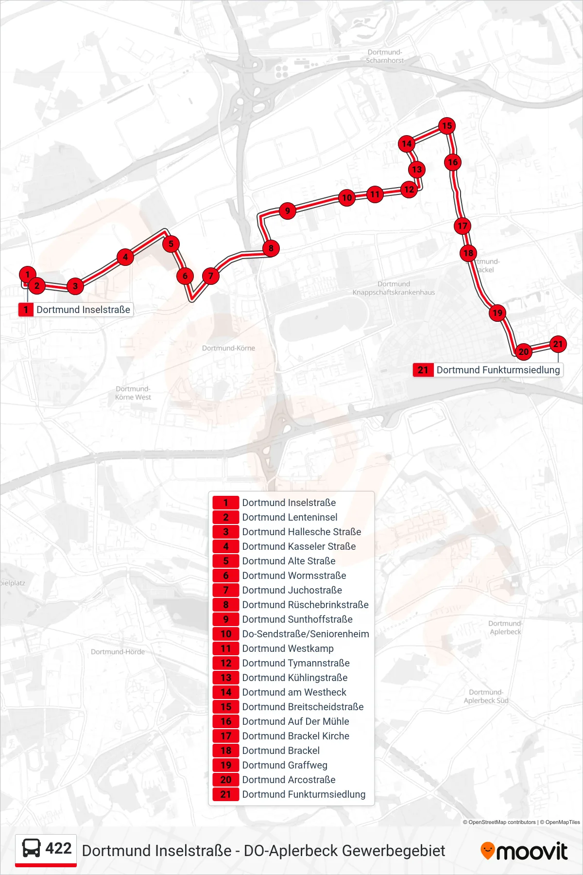Linie 422 (Bus) Richtung Dortmund Funkturmsiedlung: Route und Haltestellen auf der Karte