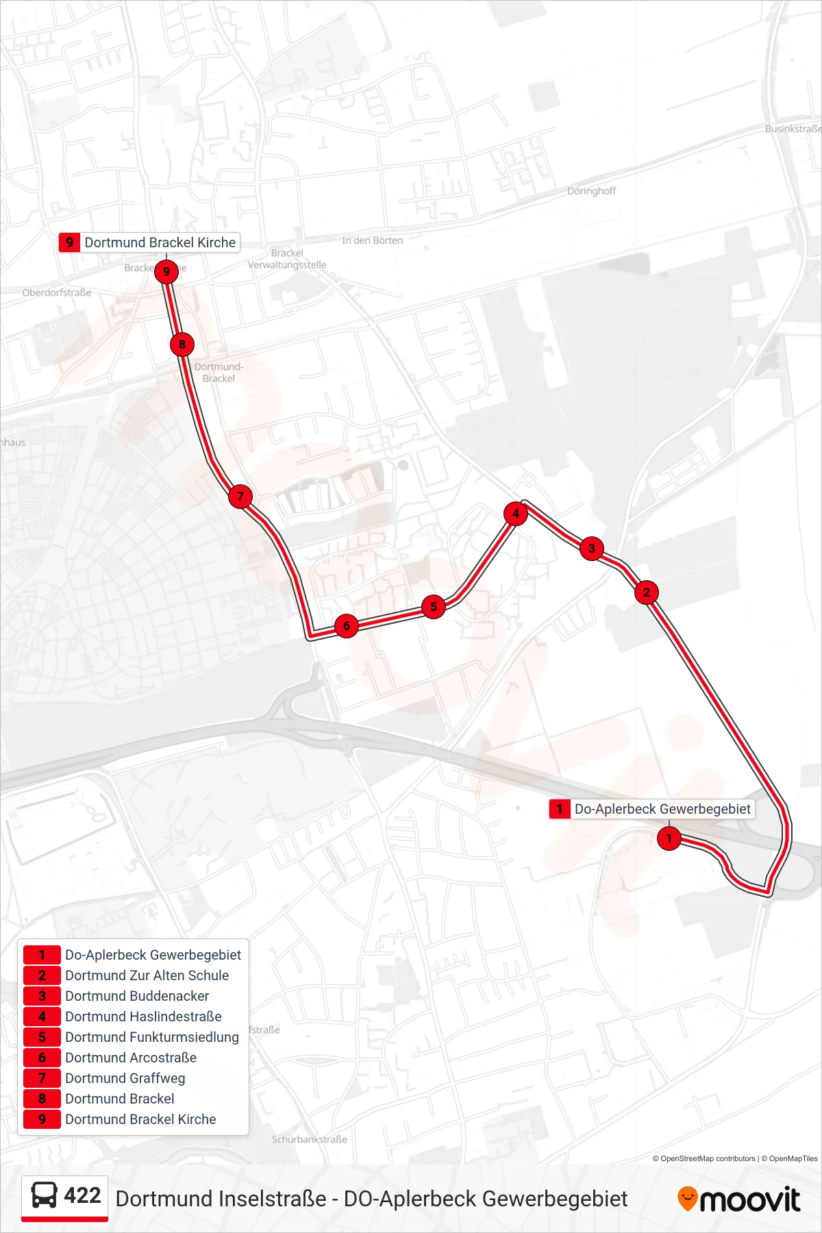 Linie 422 (Bus) Richtung Dortmund Brackel Kirche: Route und Haltestellen auf der Karte