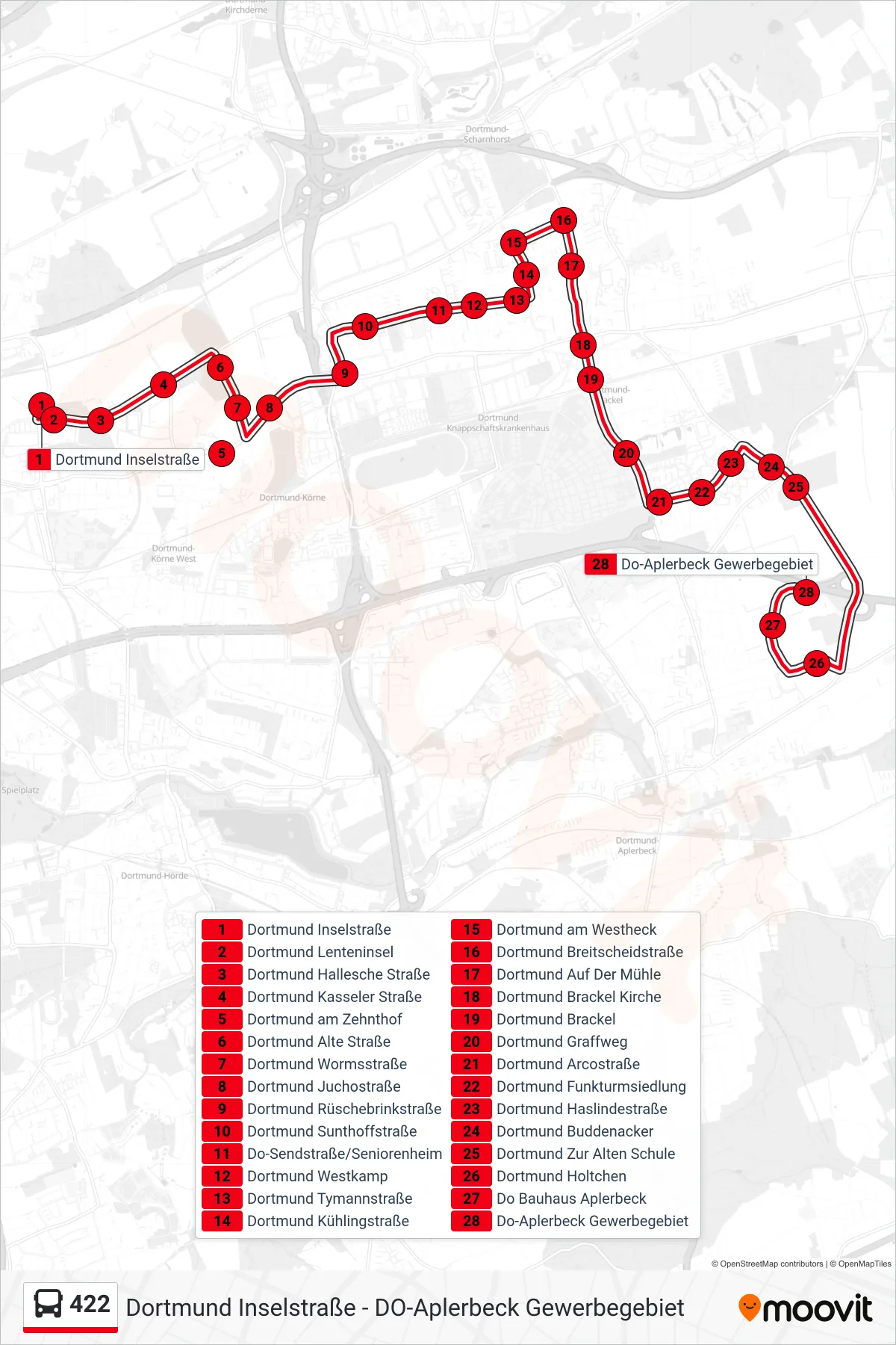 422 bus Line (Do-Aplerbeck Gewerbegebiet) route and stops on a map