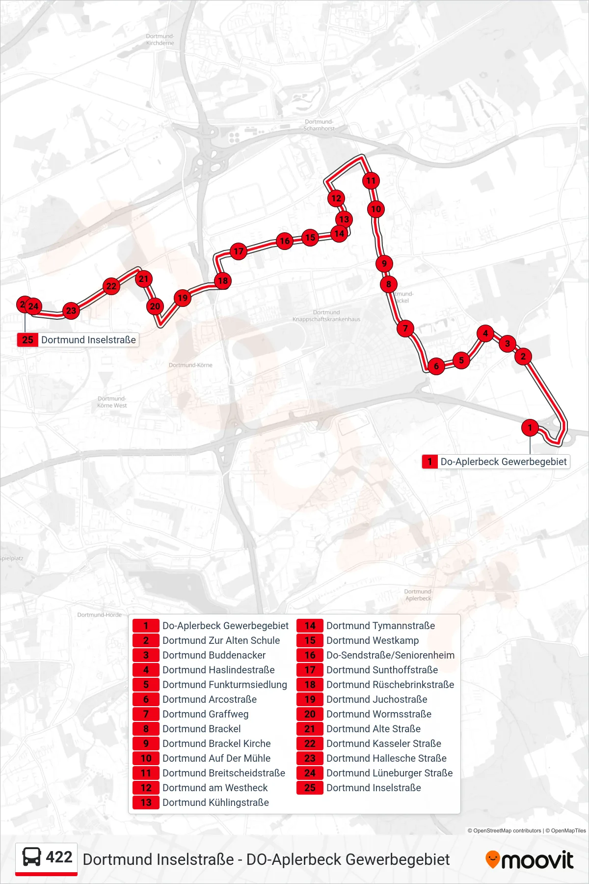 Linie 422 (Bus) Richtung Dortmund Inselstraße: Route und Haltestellen auf der Karte