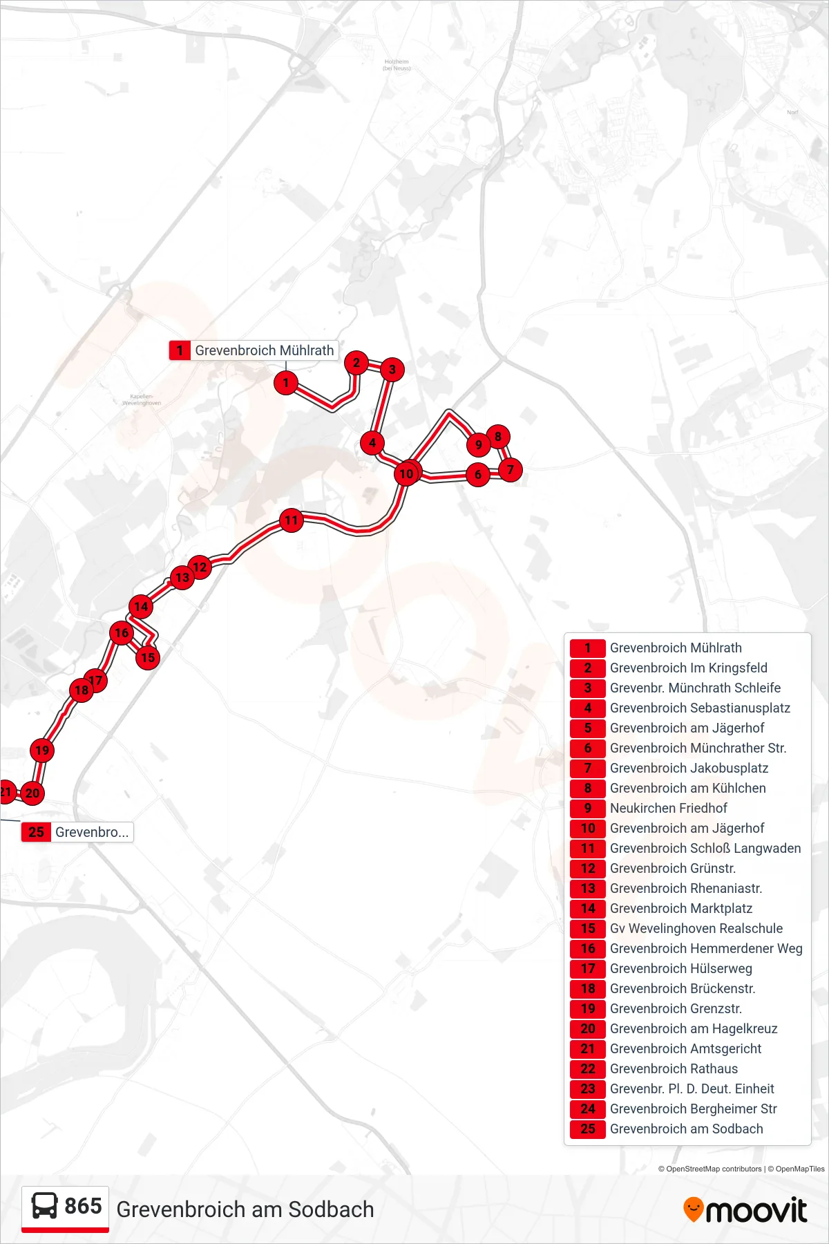 Linie 865 (Bus) Richtung Grevenbroich am Sodbach: Route und Haltestellen auf der Karte