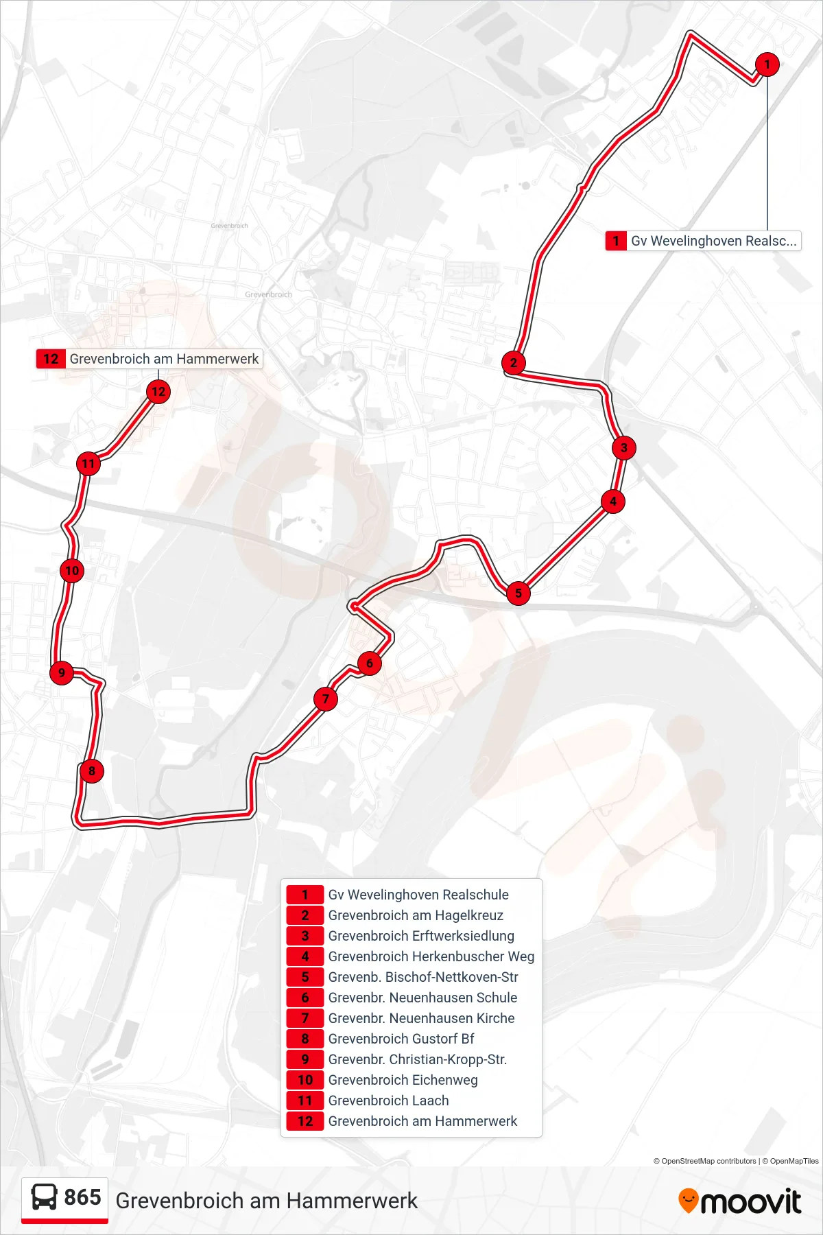Linie 865 (Bus) Richtung Grevenbroich am Hammerwerk: Route und Haltestellen auf der Karte