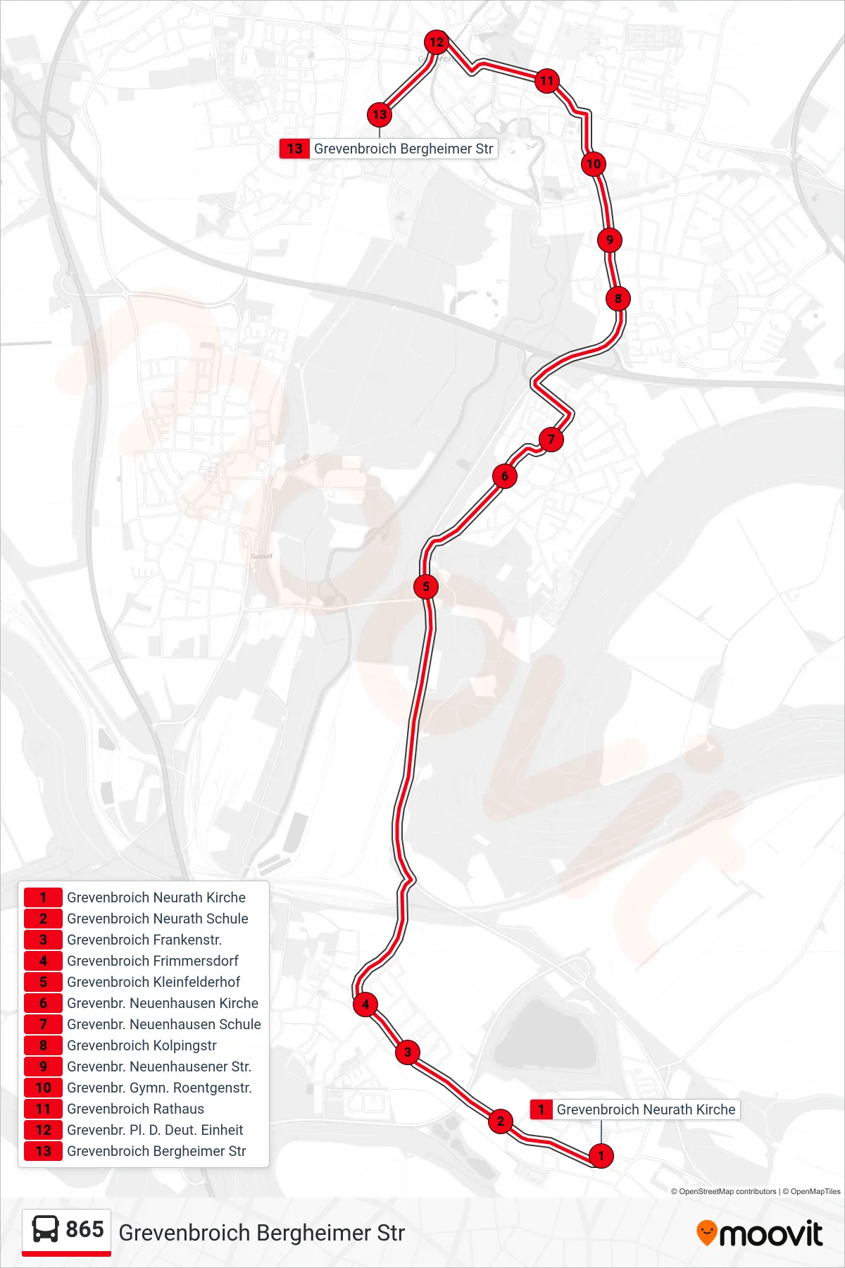 Linie 865 (Bus) Richtung Grevenbroich Bergheimer Str: Route und Haltestellen auf der Karte