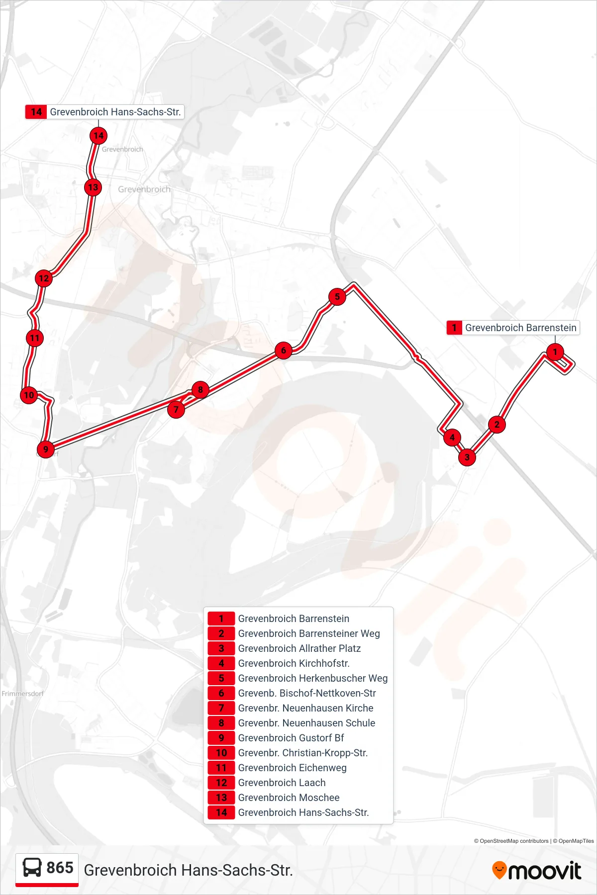 Linie 865 (Bus) Richtung Grevenbroich Hans-Sachs-Str.: Route und Haltestellen auf der Karte