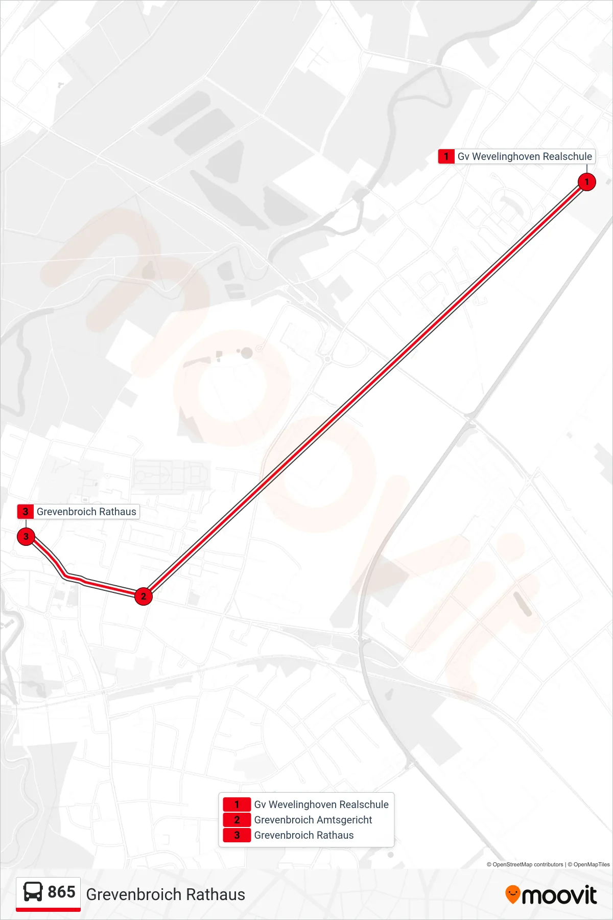 865 bus Line (Grevenbroich Rathaus) route and stops on a map