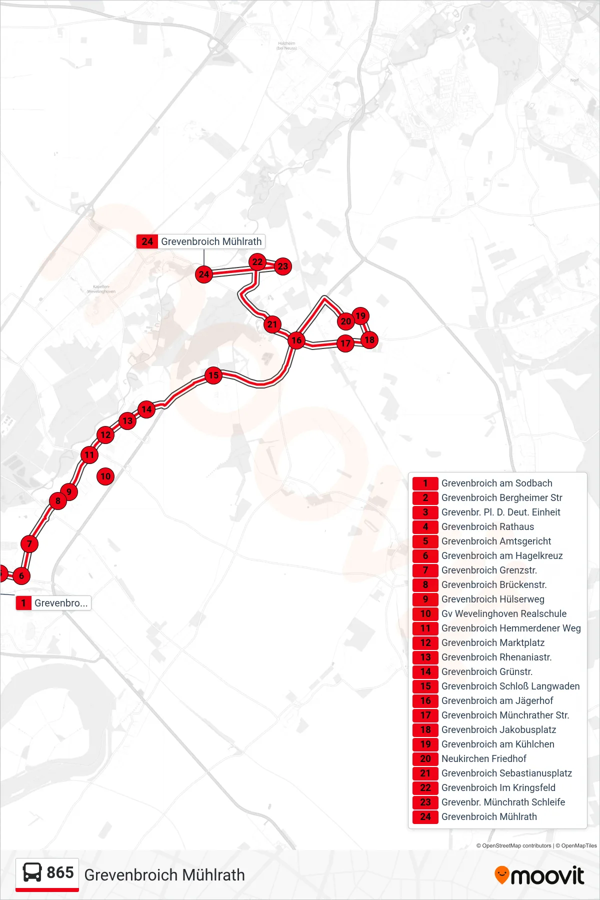 865 bus Line (Grevenbroich Mühlrath) route and stops on a map