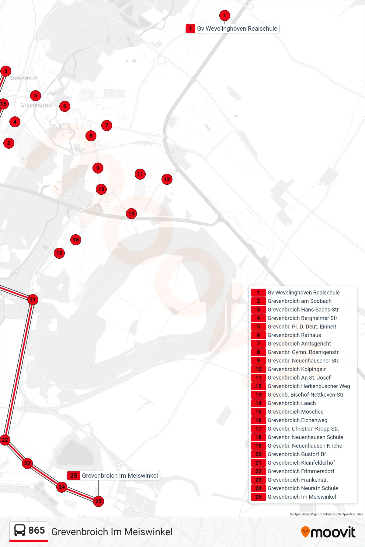 865 bus Line (Grevenbroich Im Meiswinkel) route and stops on a map