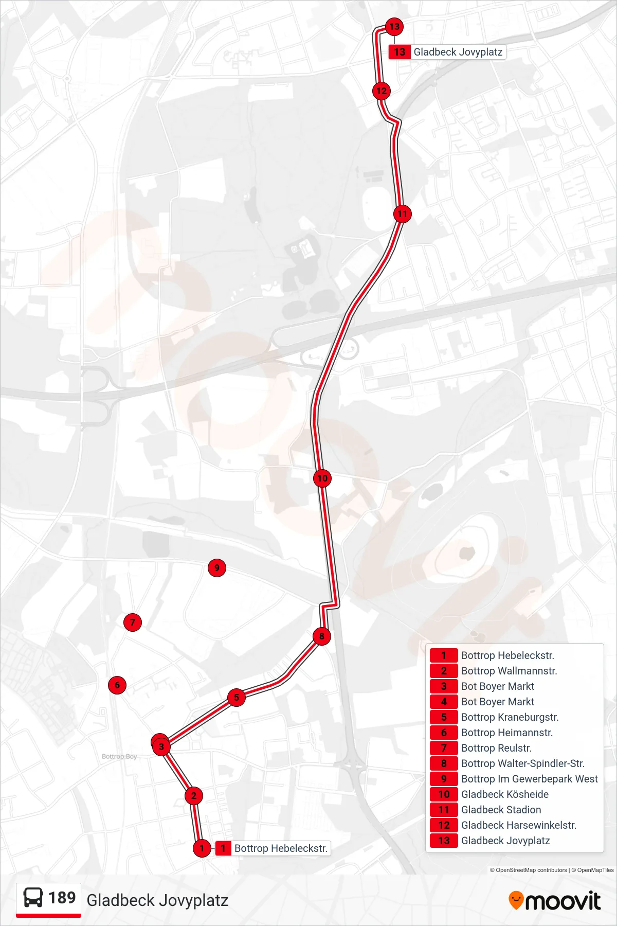 Linie 189 (Bus) Richtung Gladbeck Jovyplatz: Route und Haltestellen auf der Karte