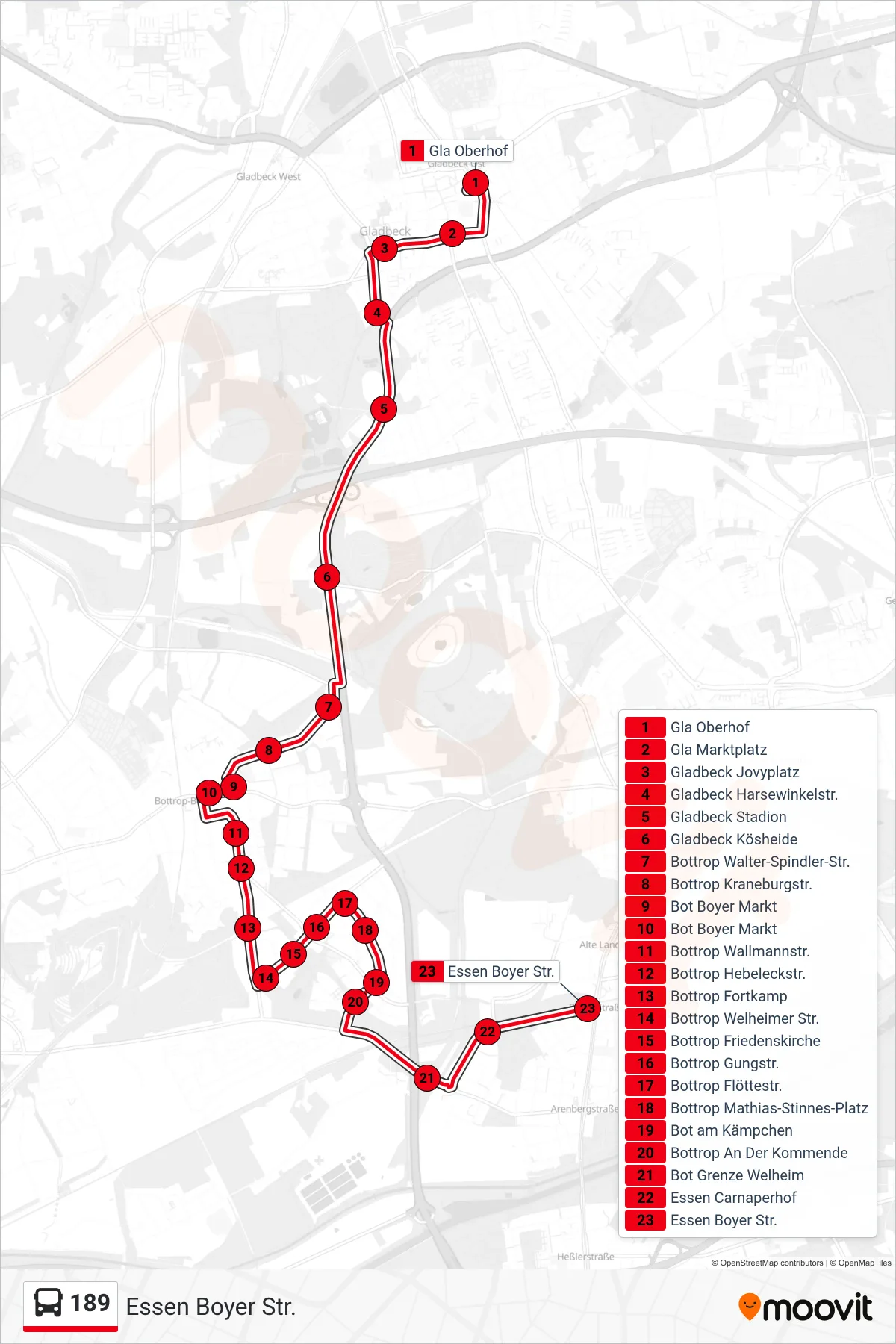 Linie 189 (Bus) Richtung Essen Boyer Str.: Route und Haltestellen auf der Karte