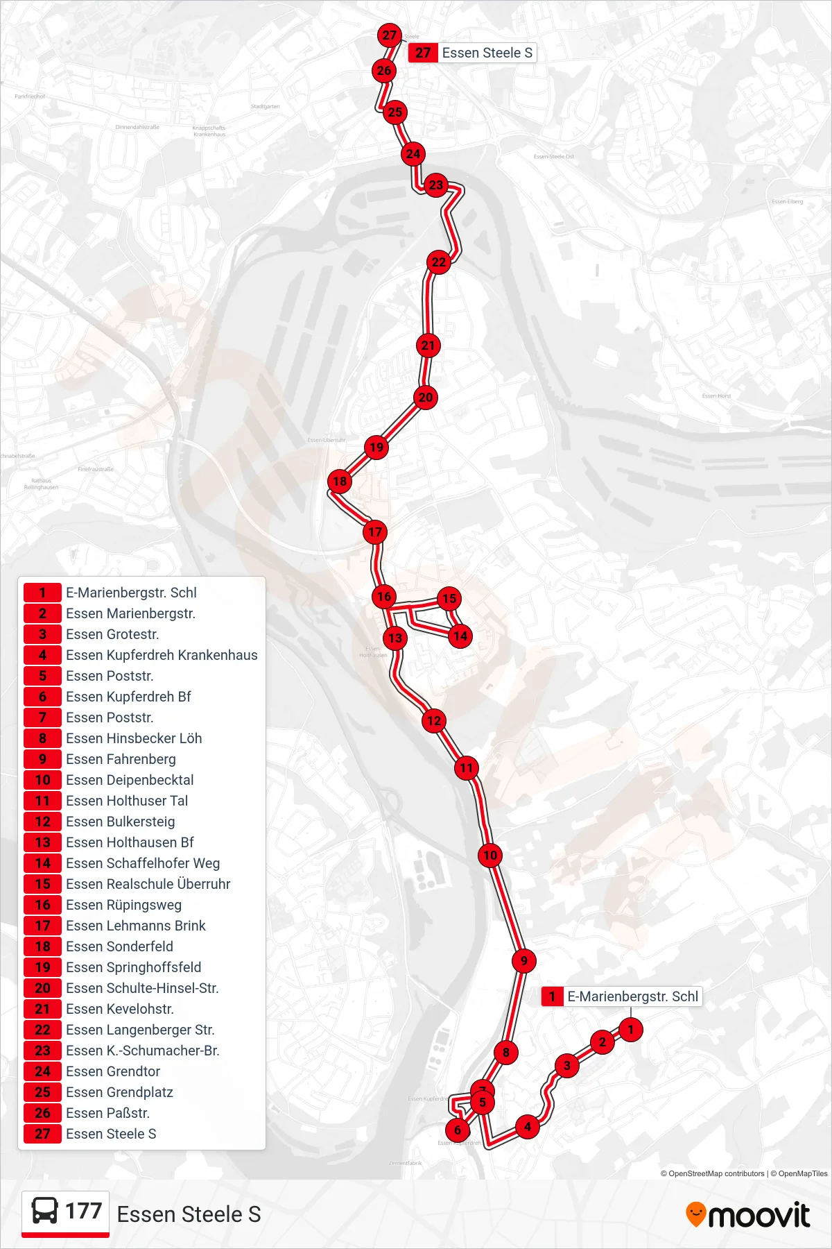 177 bus Line (Essen Steele S) route and stops on a map