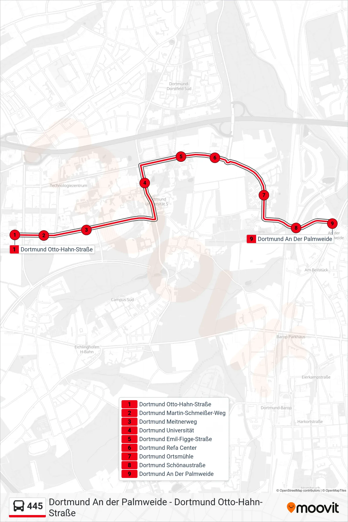 445 bus Line (Dortmund An Der Palmweide) route and stops on a map