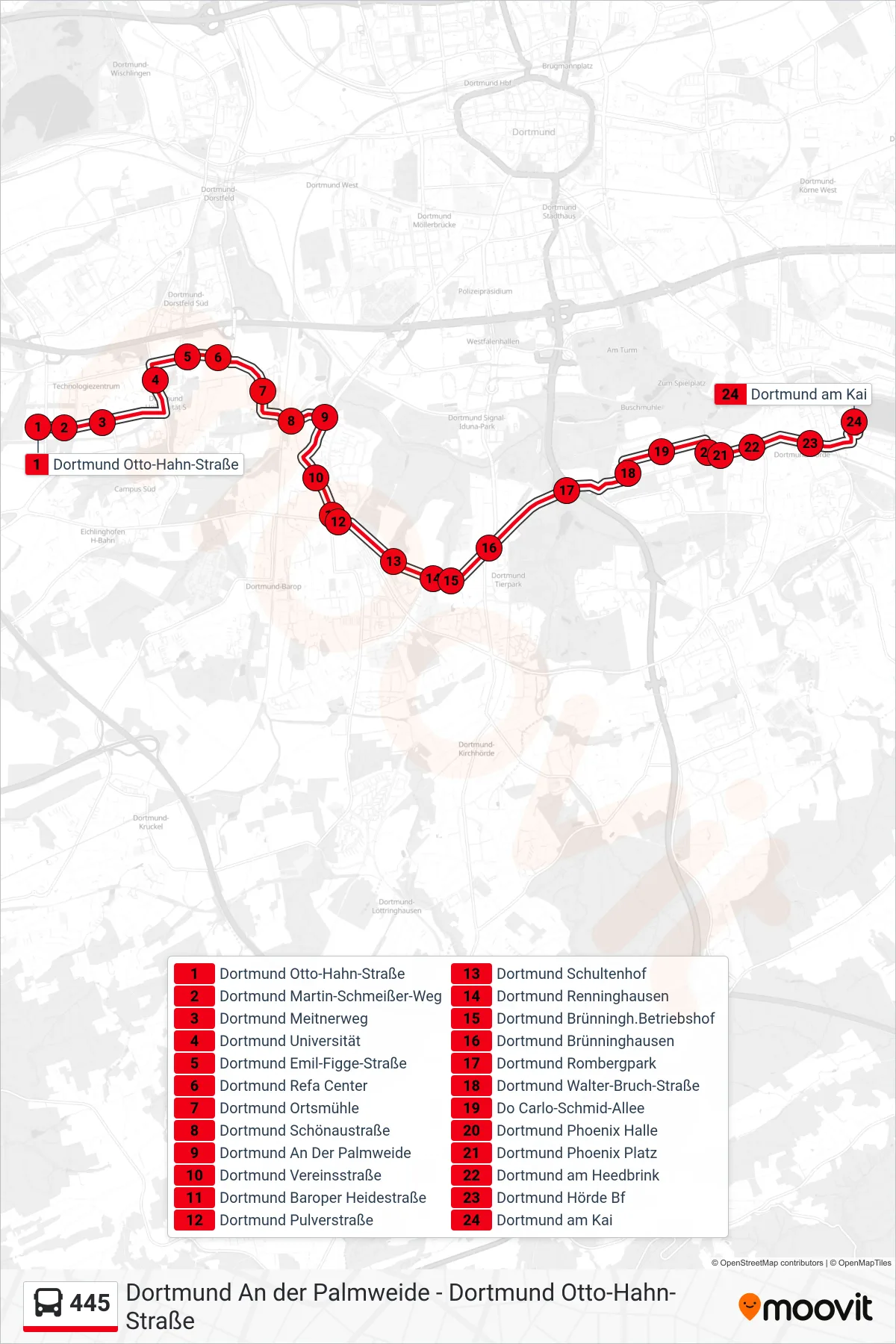 445 bus Line (Dortmund am Kai) route and stops on a map