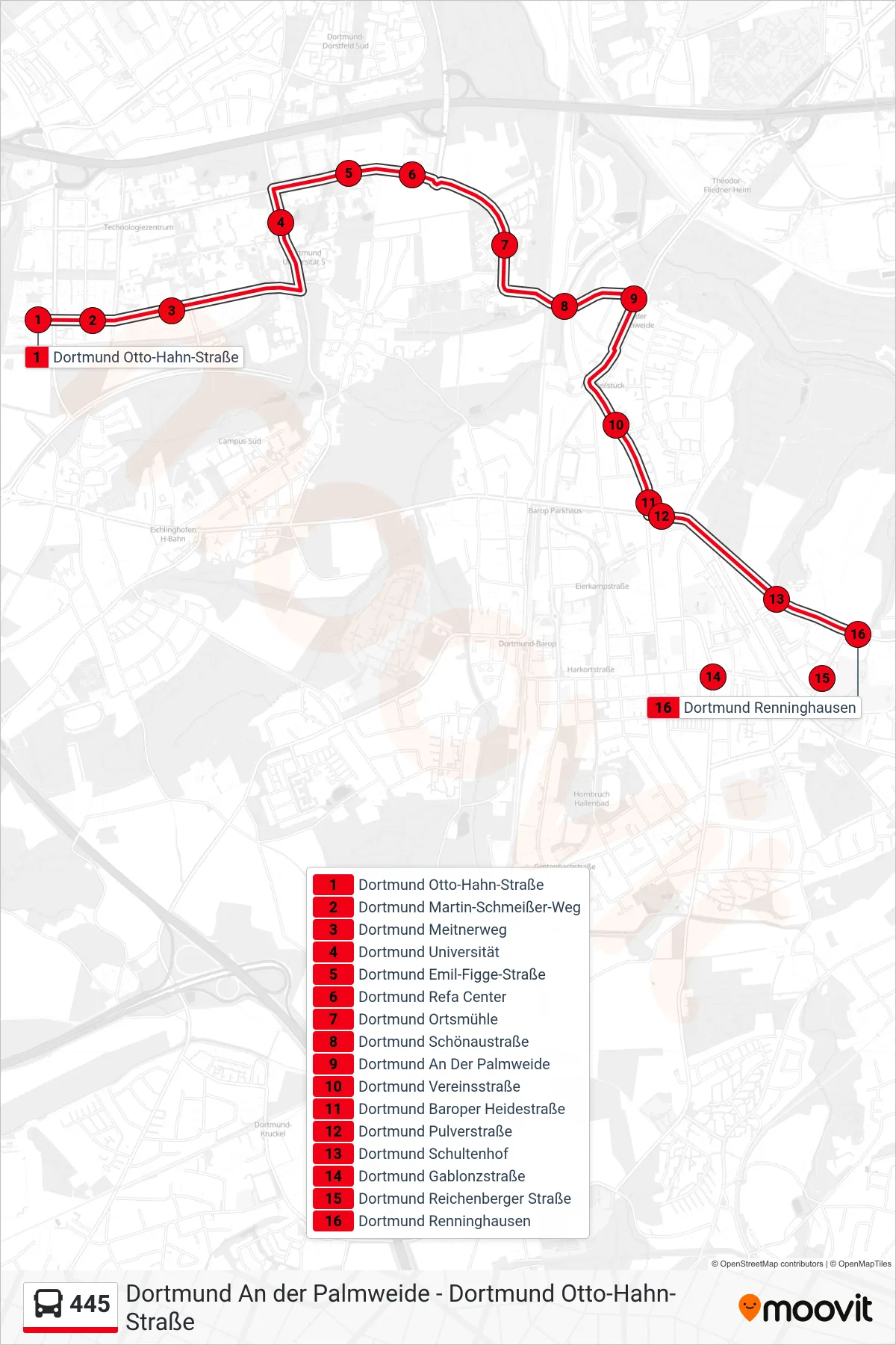 Linie 445 (Bus) Richtung Dortmund Renninghausen: Route und Haltestellen auf der Karte
