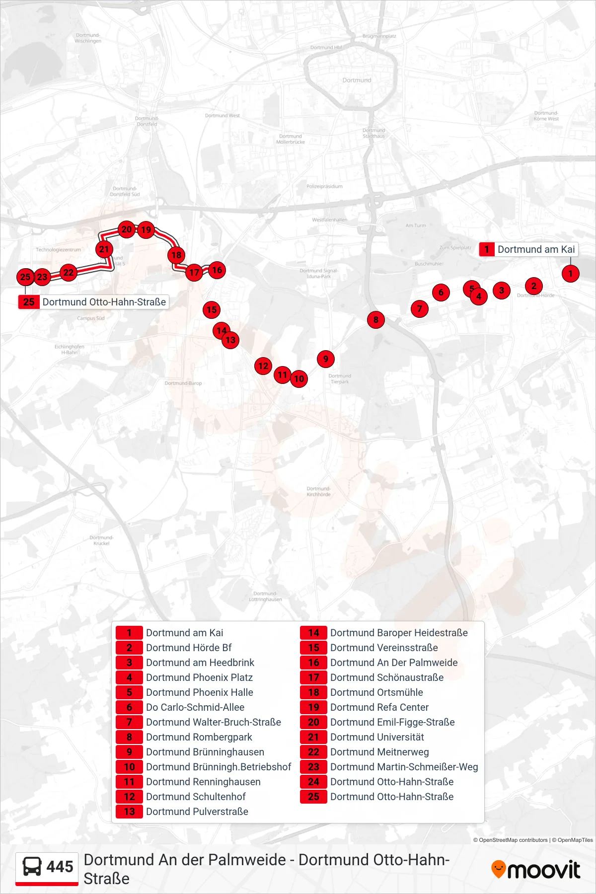 445 bus Line (Dortmund Otto-Hahn-Straße) route and stops on a map