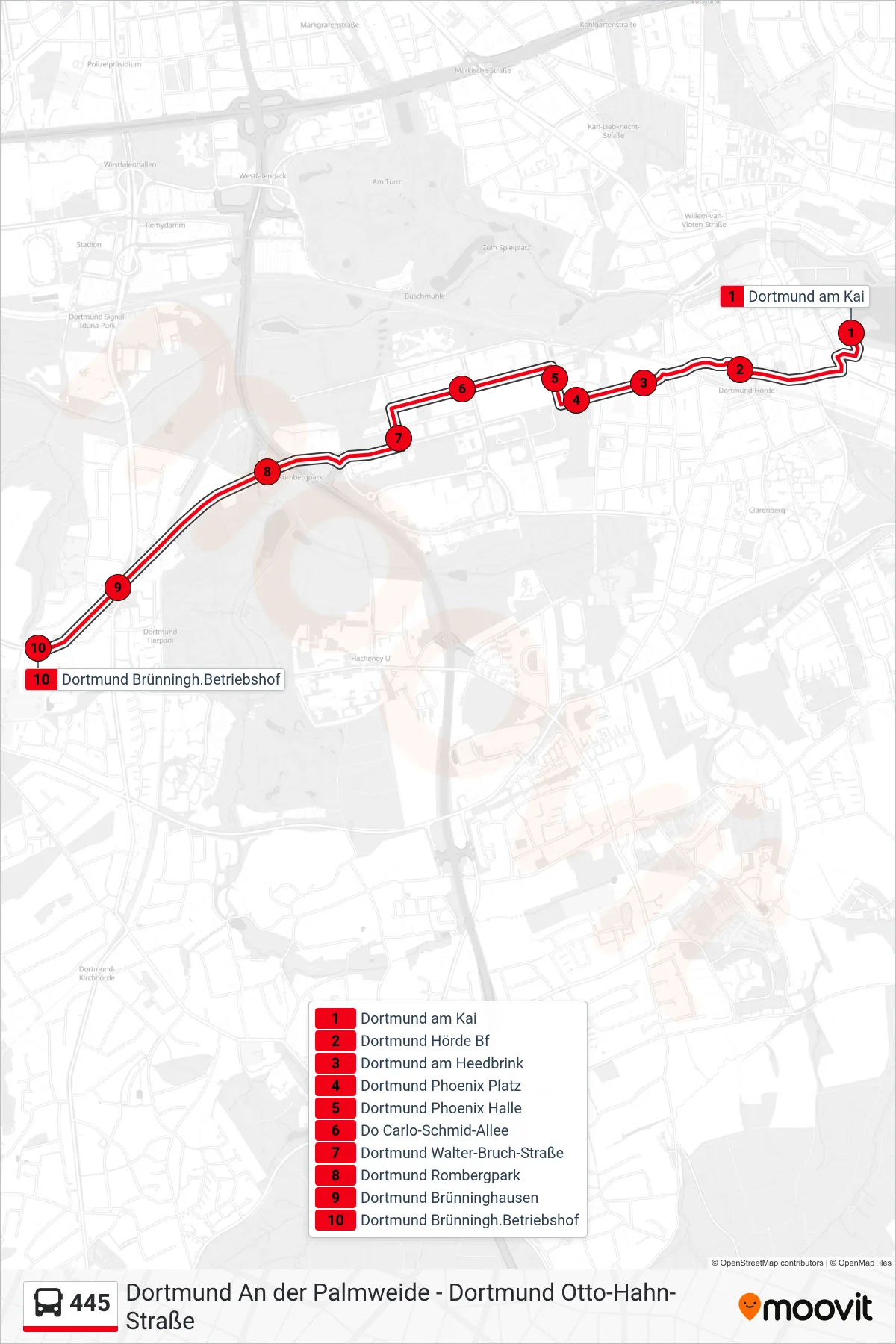 Linie 445 (Bus) Richtung Dortmund Brünningh.Betriebshof: Route und Haltestellen auf der Karte