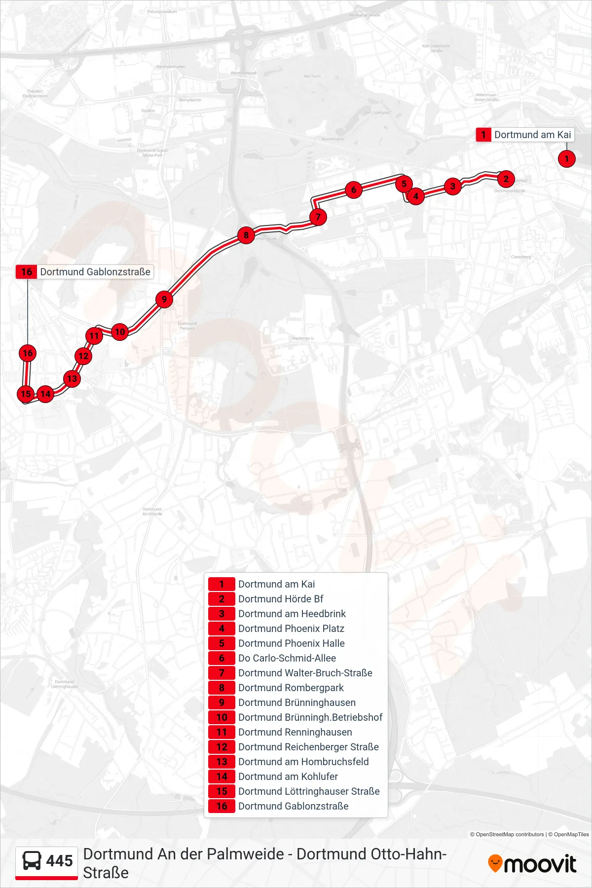 Linie 445 (Bus) Richtung Dortmund Gablonzstraße: Route und Haltestellen auf der Karte