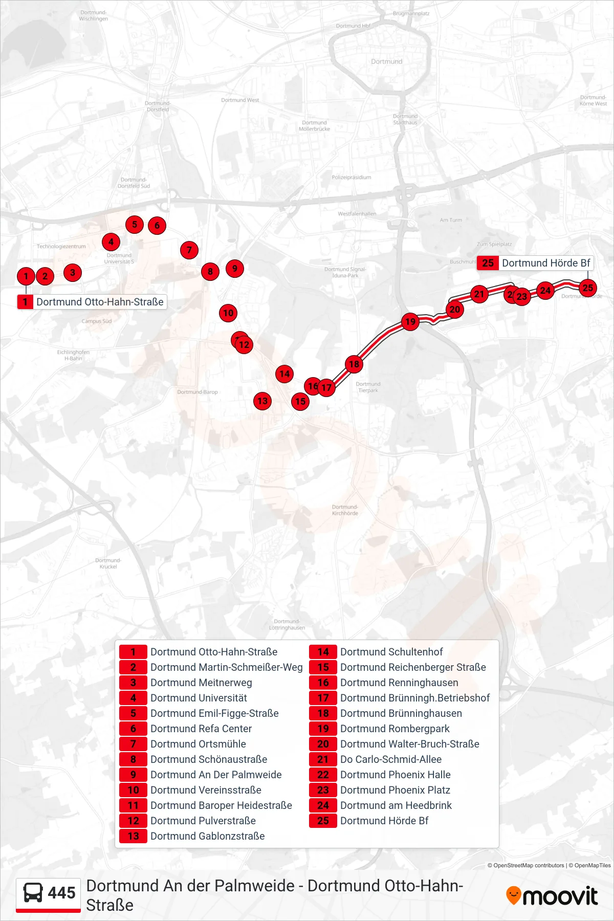 445 bus Line (Dortmund Hörde Bf) route and stops on a map