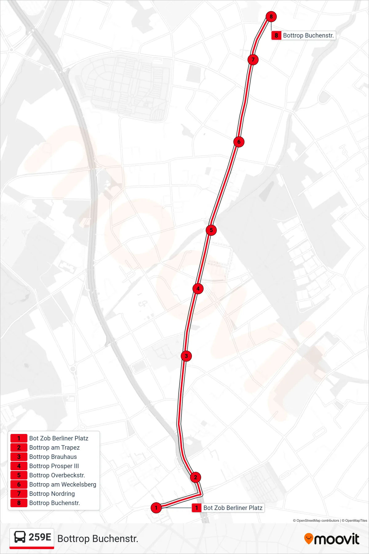 259E bus Line (Bottrop Buchenstr.) route and stops on a map