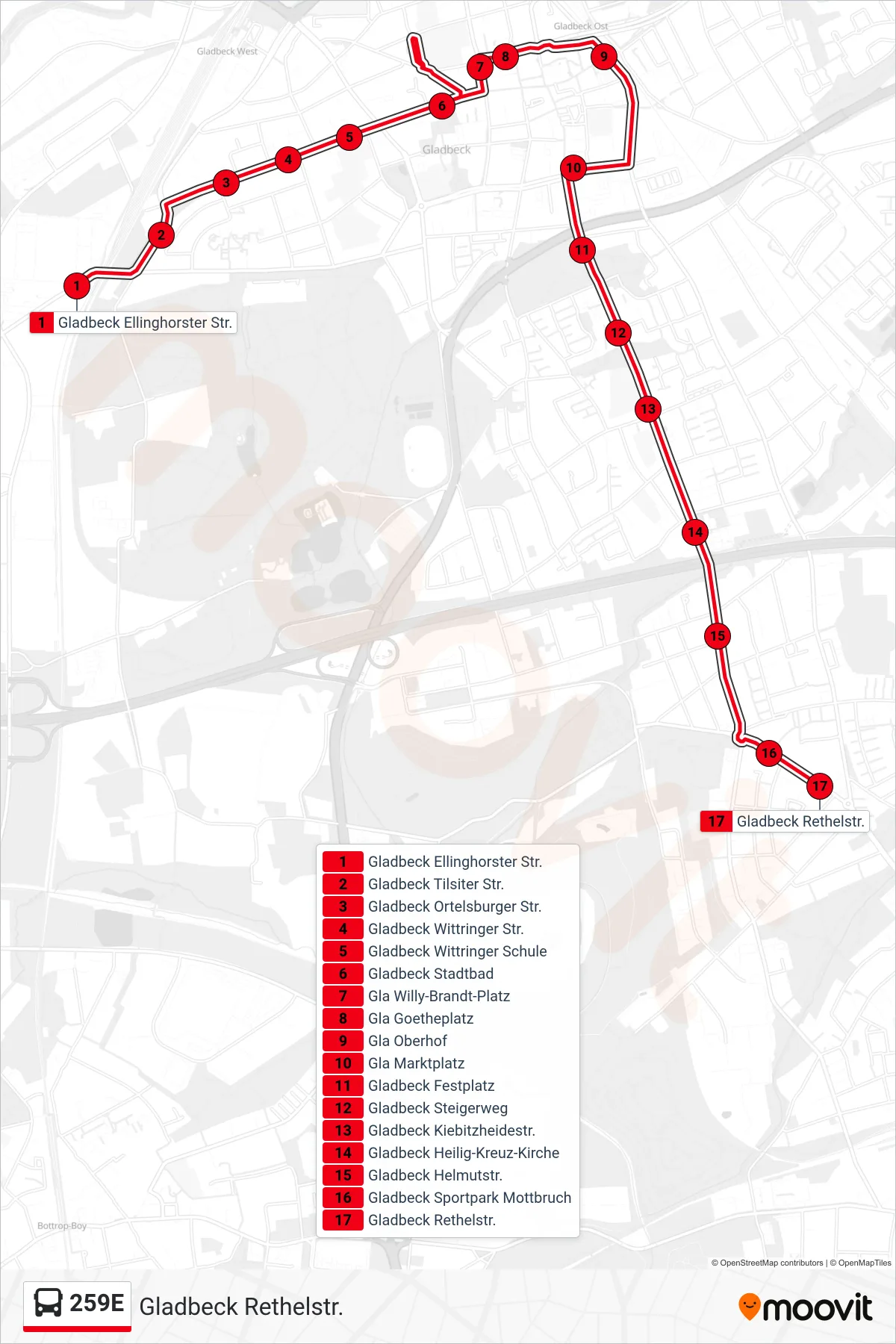 259E bus Line (Gladbeck Rethelstr.) route and stops on a map
