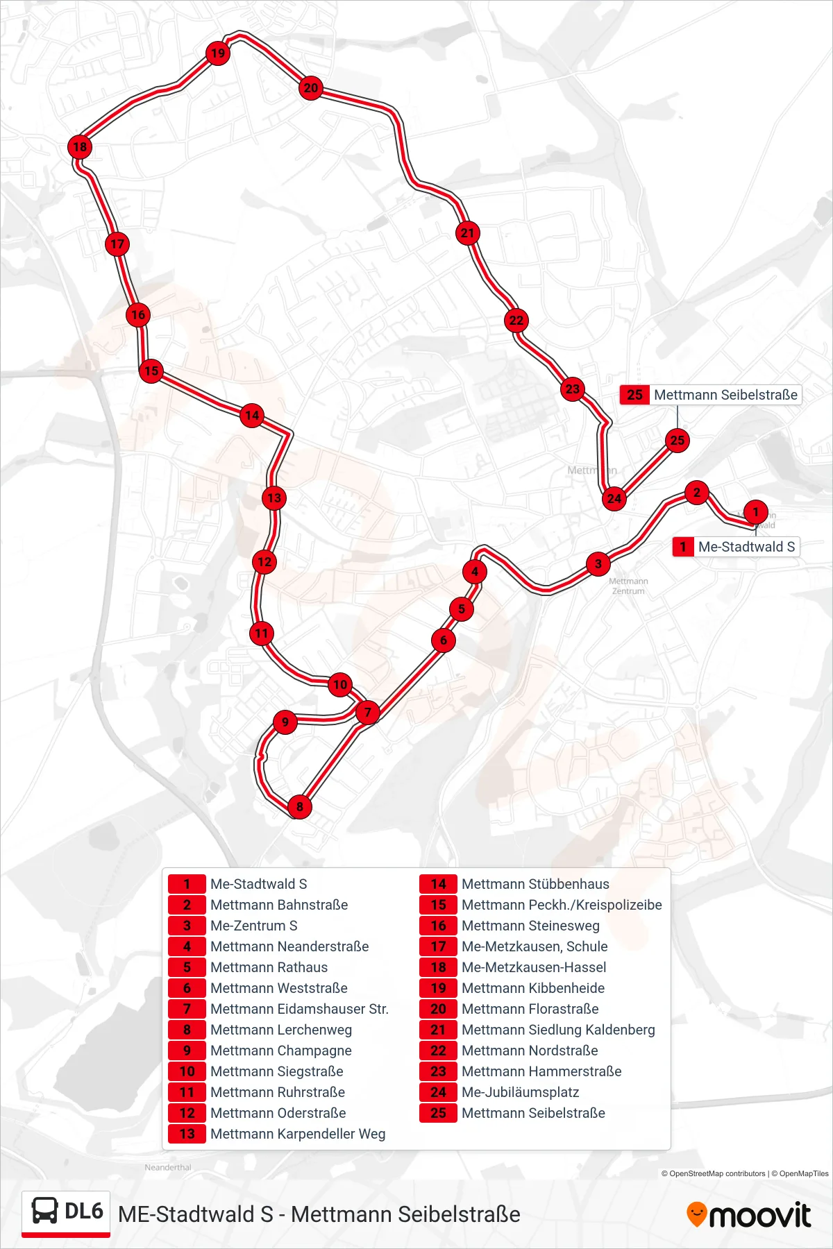 Linie DL6 (Bus) Richtung Mettmann Seibelstraße: Route und Haltestellen auf der Karte