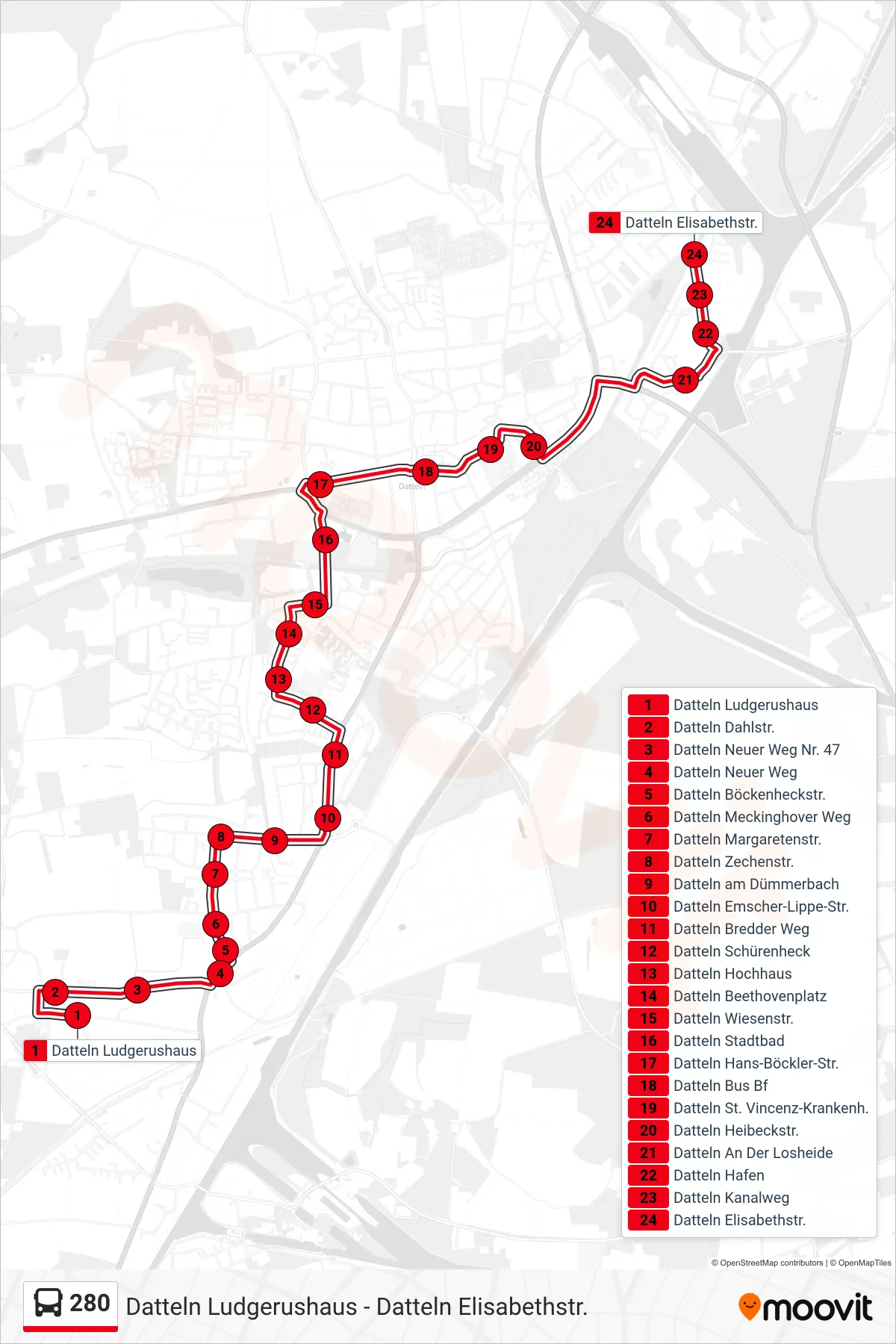 Linie 280 (Bus) Richtung Datteln Elisabethstr.: Route und Haltestellen auf der Karte
