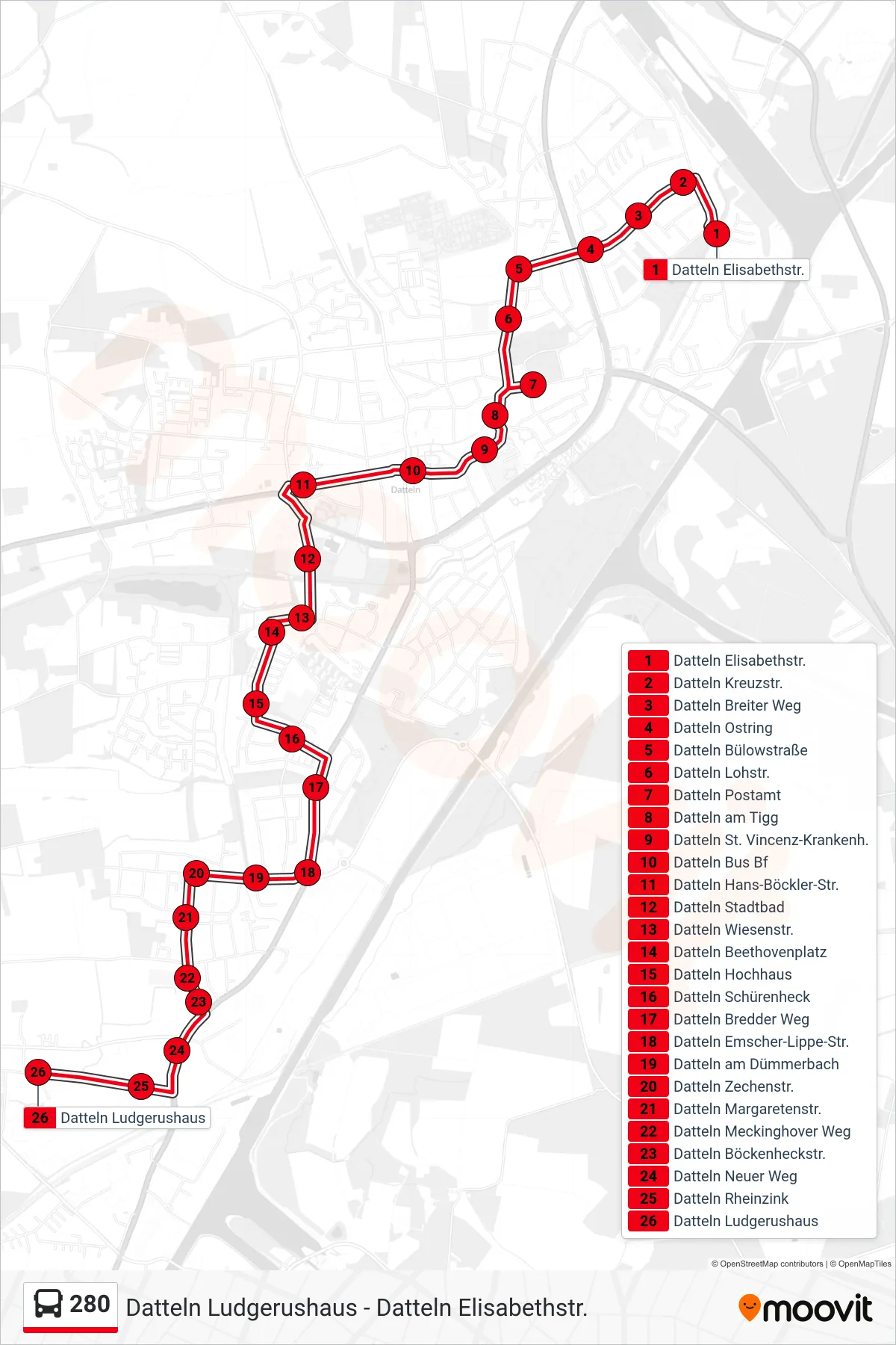 Linie 280 (Bus) Richtung Datteln Ludgerushaus: Route und Haltestellen auf der Karte