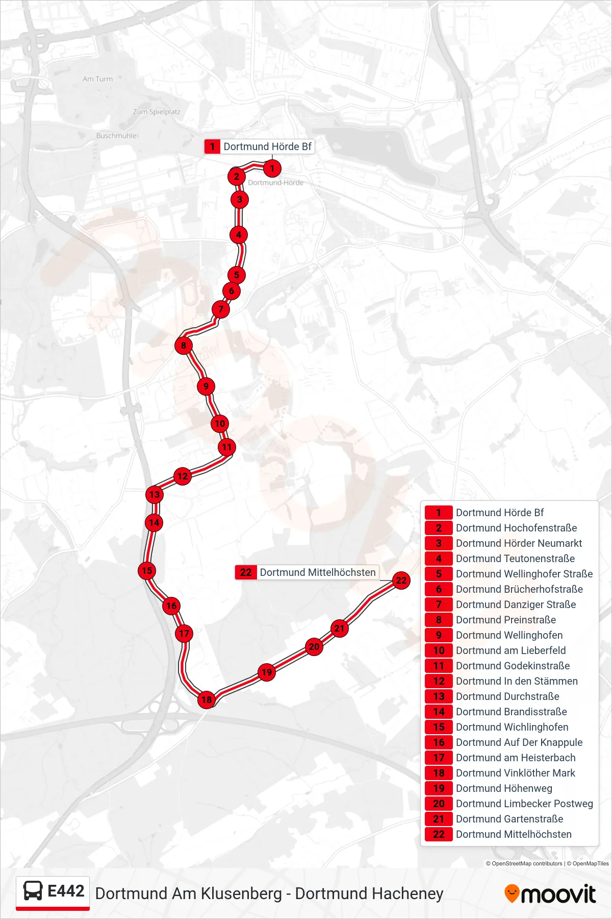 Linie E442 (Bus) Richtung Dortmund Mittelhöchsten: Route und Haltestellen auf der Karte