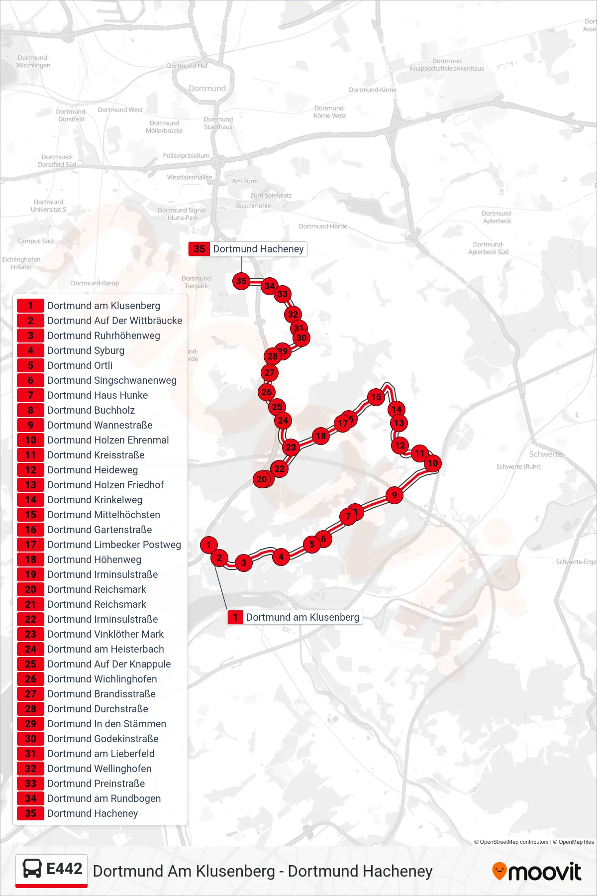Linie E442 (Bus) Richtung Dortmund Hacheney: Route und Haltestellen auf der Karte