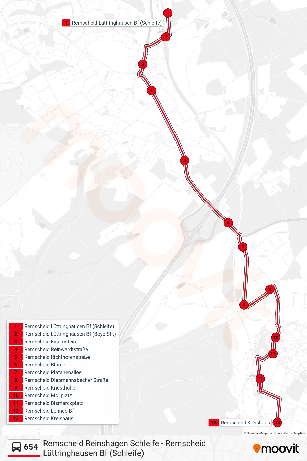 Linie 654 (Bus) Richtung Remscheid Kreishaus: Route und Haltestellen auf der Karte