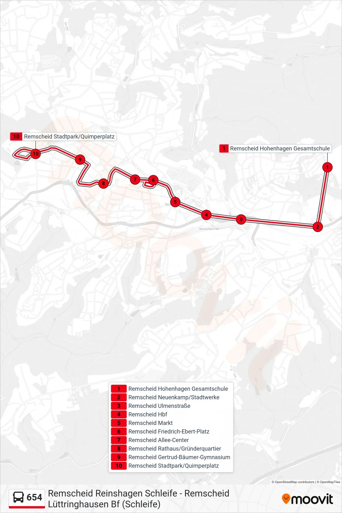 Linie 654 (Bus) Richtung Remscheid Stadtpark/Quimperplatz: Route und Haltestellen auf der Karte