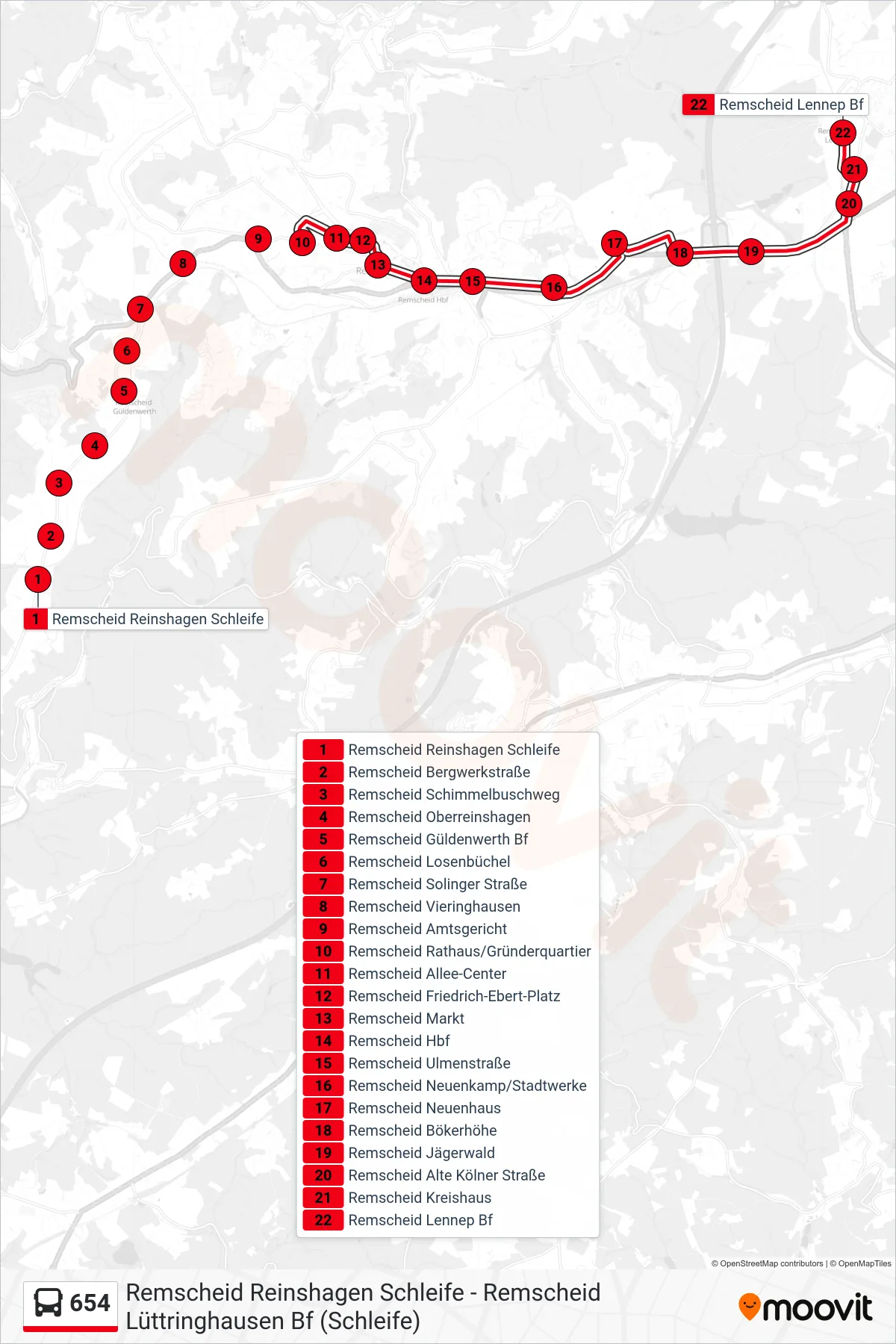 Linie 654 (Bus) Richtung Remscheid Lennep Bf: Route und Haltestellen auf der Karte