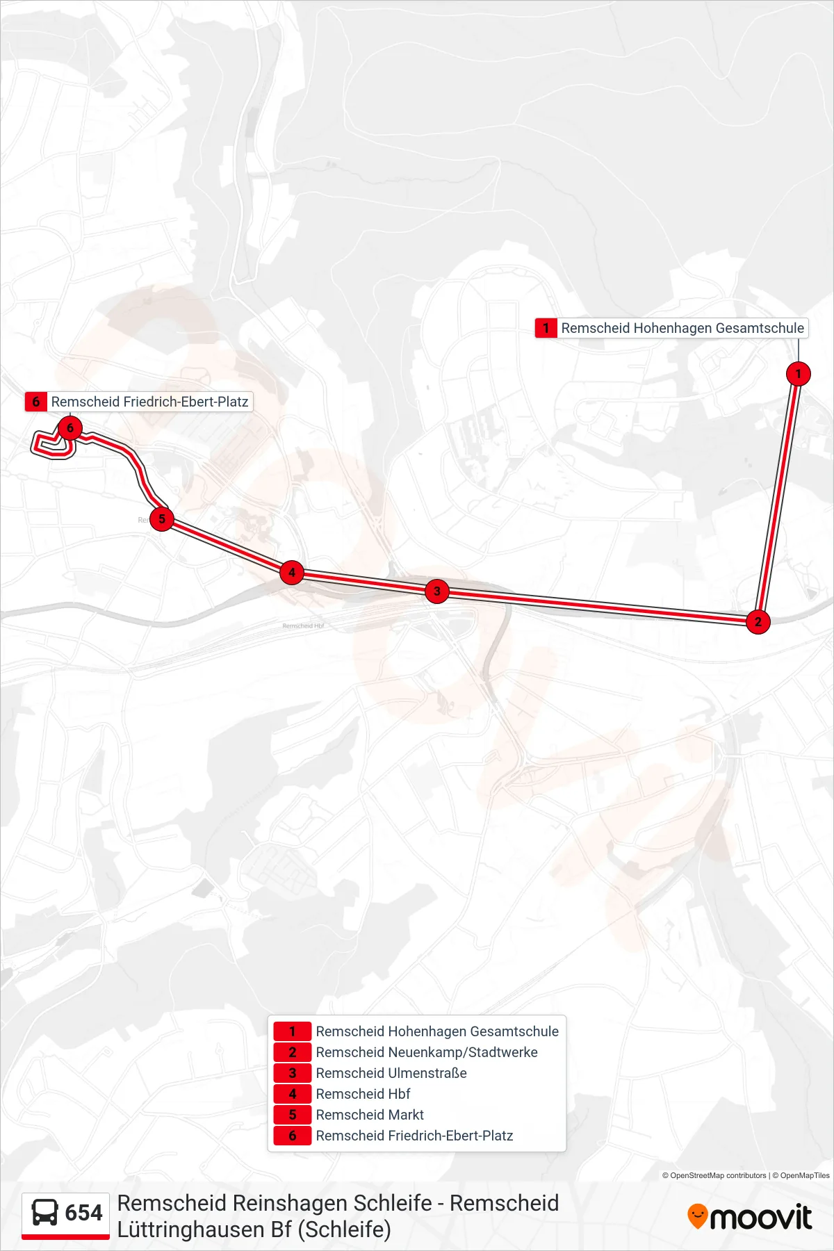 Linie 654 (Bus) Richtung Remscheid Friedrich-Ebert-Platz: Route und Haltestellen auf der Karte