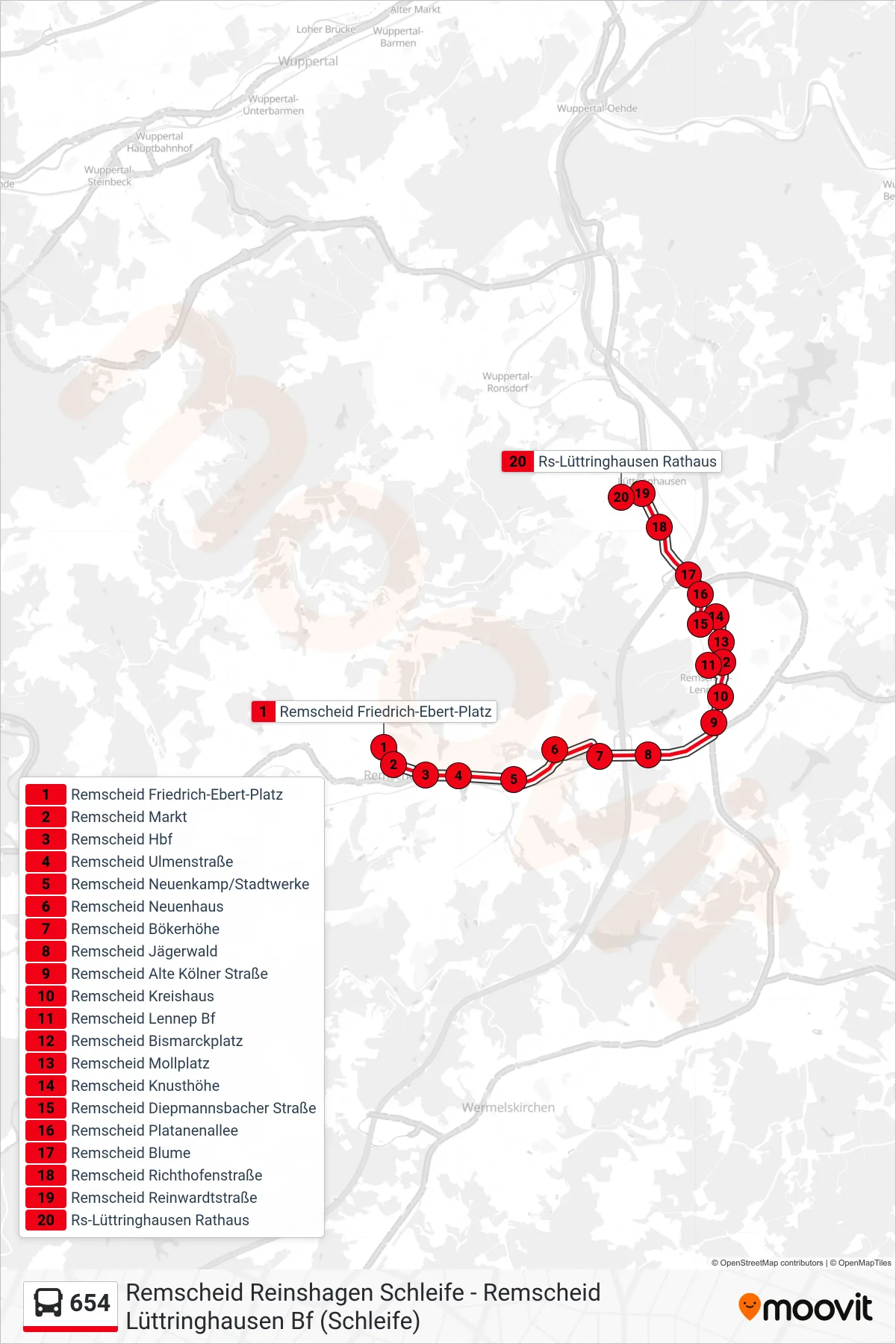 Linie 654 (Bus) Richtung Remscheid Lüttringhausen Rathaus: Route und Haltestellen auf der Karte