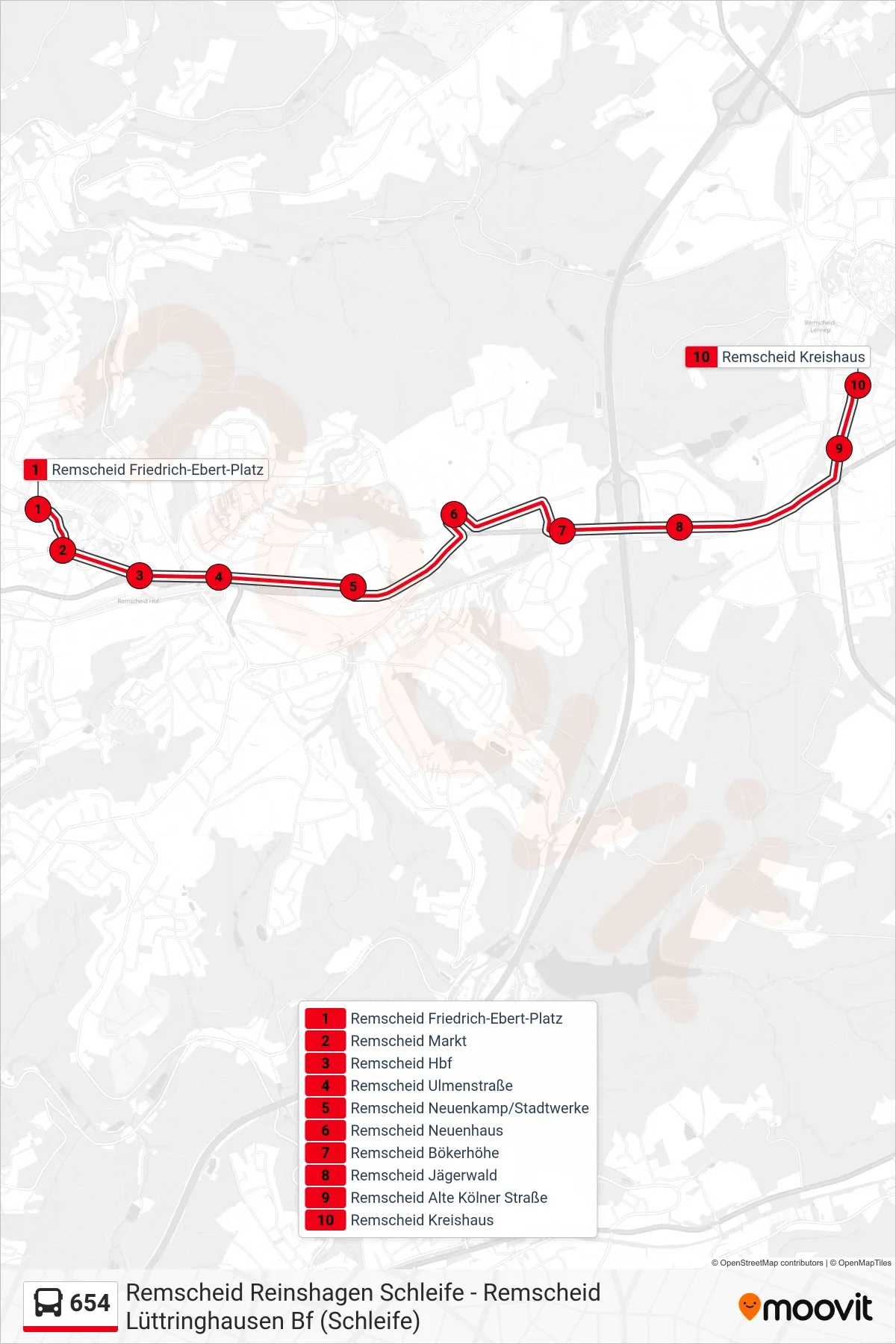 Linie 654 (Bus) Richtung Remscheid Kreishaus: Route und Haltestellen auf der Karte
