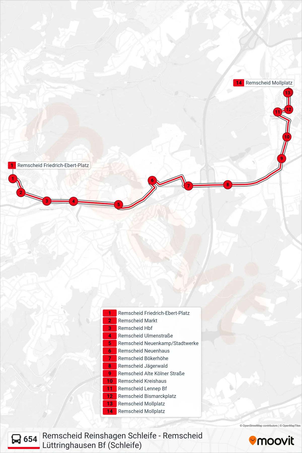 Linie 654 (Bus) Richtung Remscheid Mollplatz: Route und Haltestellen auf der Karte