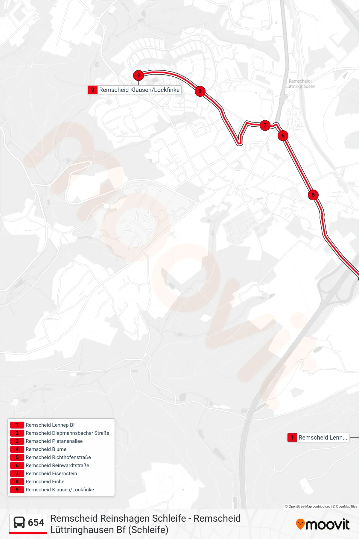 Linie 654 (Bus) Richtung Remscheid Klausen/Lockfinke: Route und Haltestellen auf der Karte