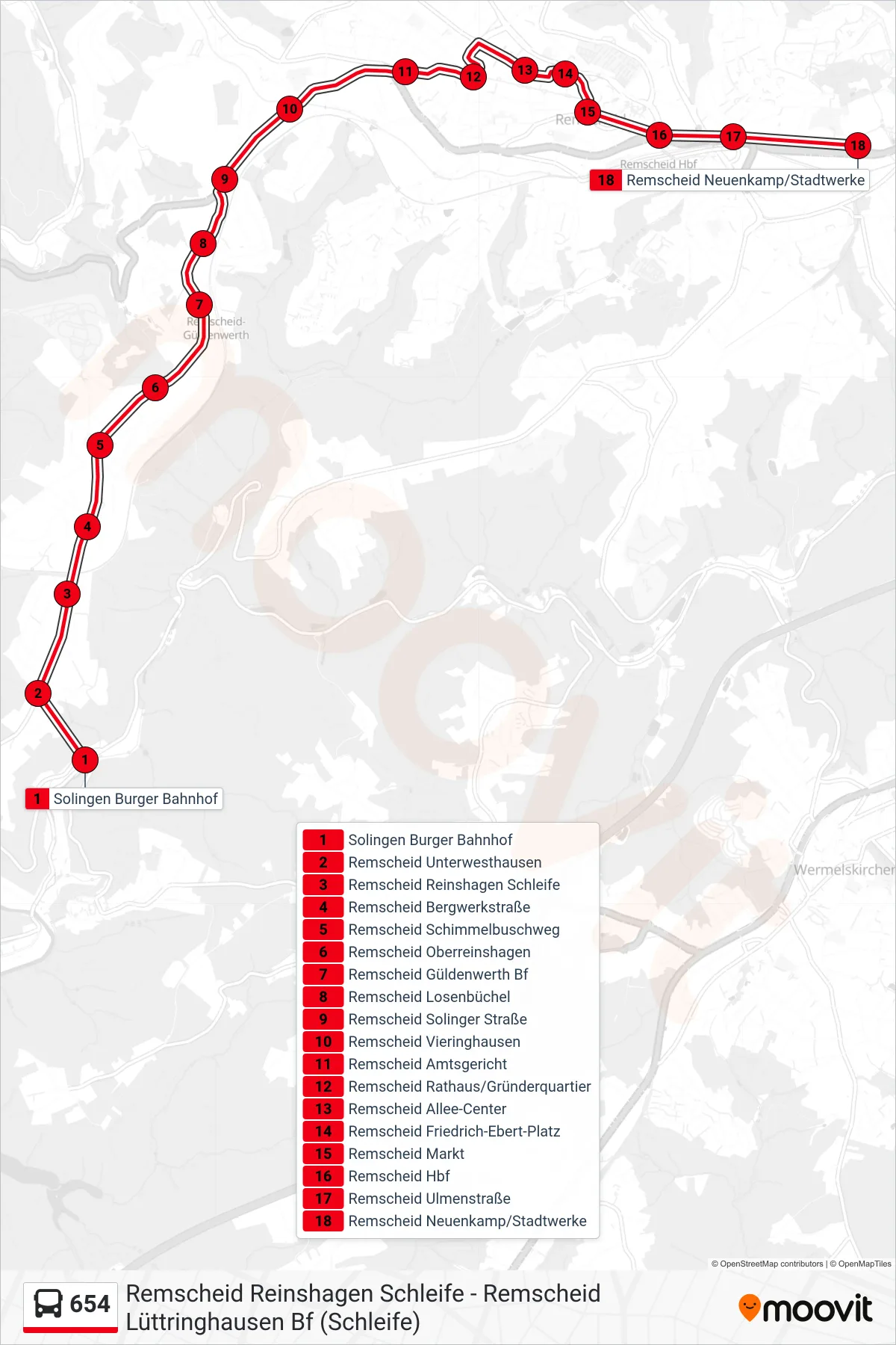 654 bus Line (Remscheid Neuenkamp/Stadtwerke) route and stops on a map