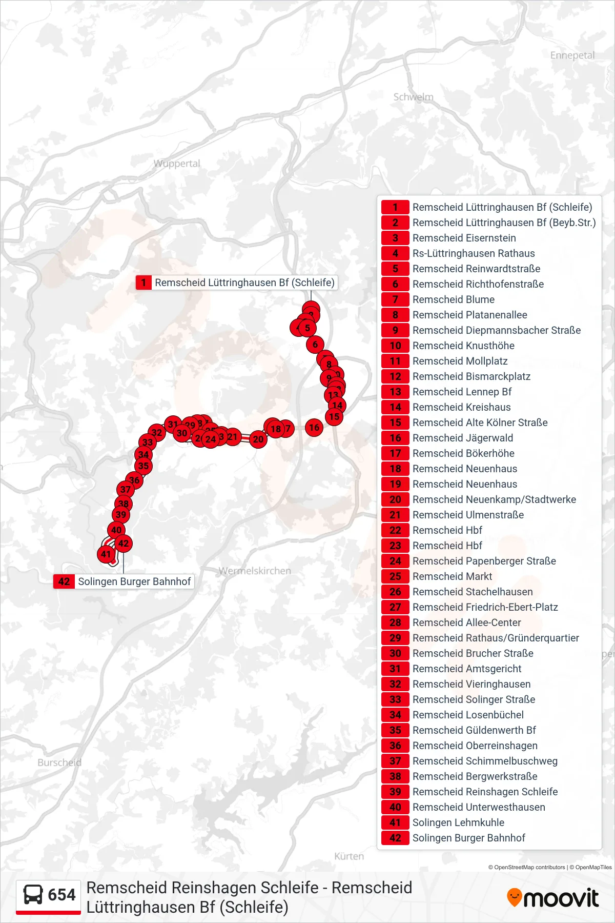 Linie 654 (Bus) Richtung Solingen Burger Bahnhof: Route und Haltestellen auf der Karte