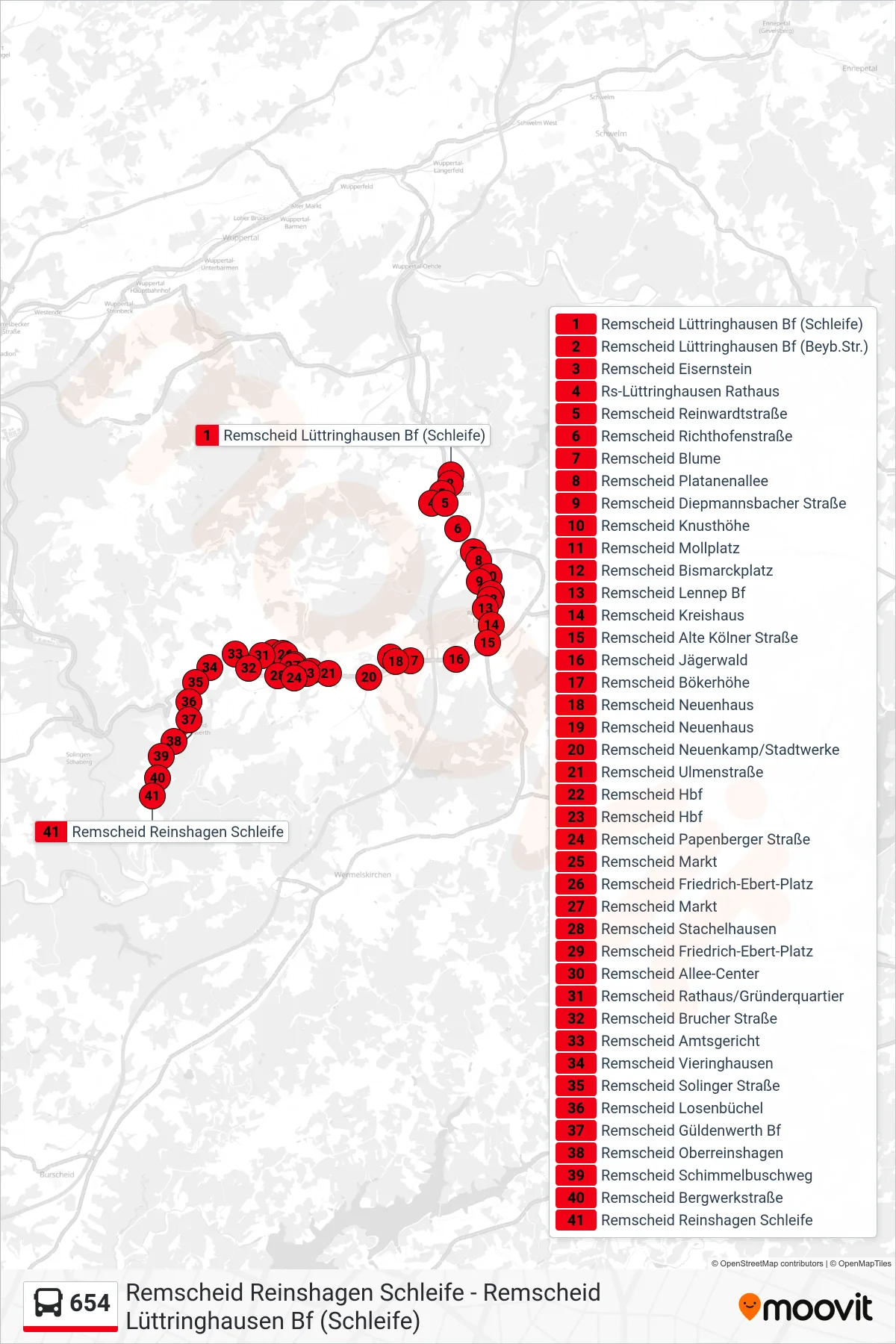 654 bus Line (Remscheid Reinshagen Schleife) route and stops on a map
