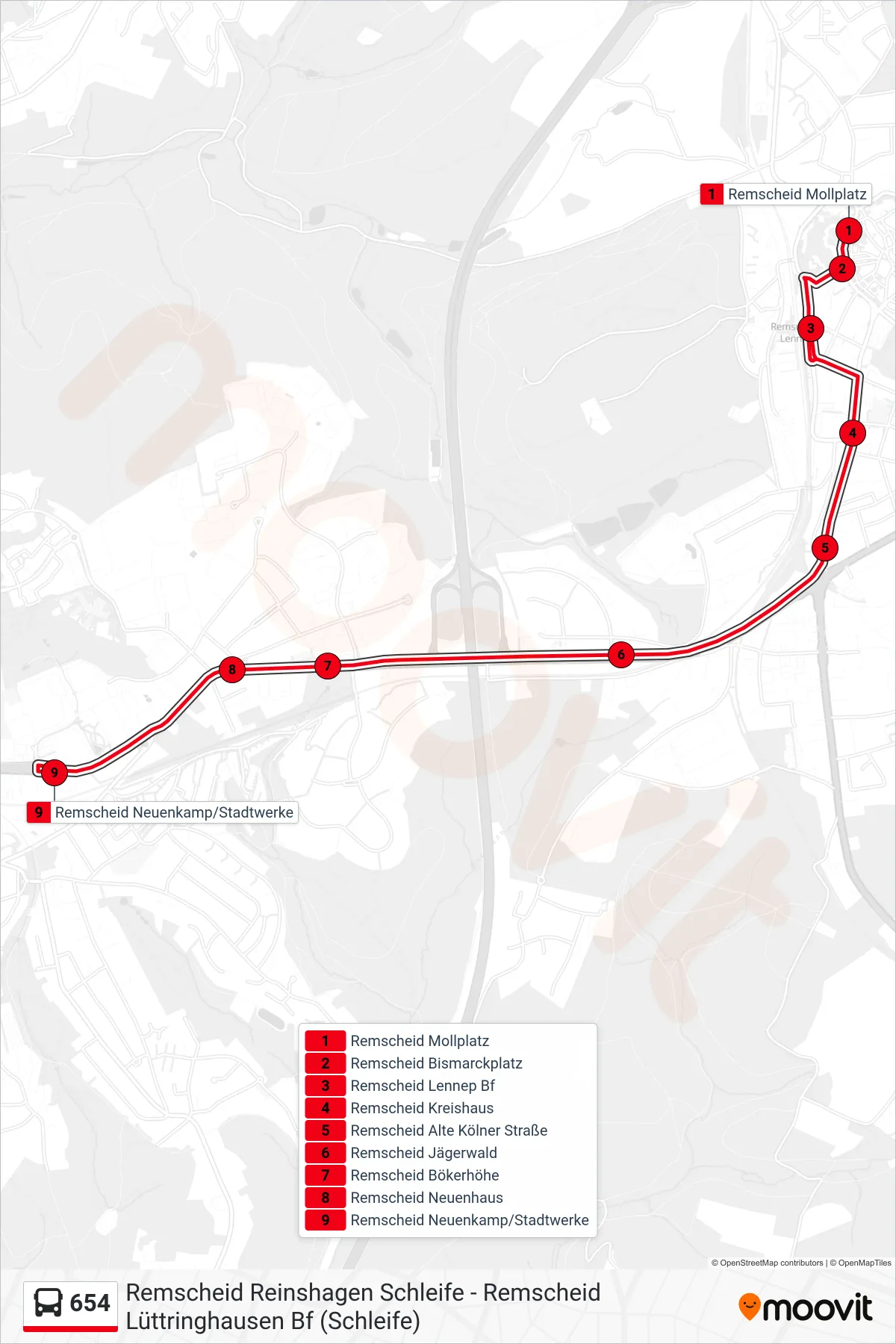 654 bus Line (Remscheid Neuenkamp/Stadtwerke) route and stops on a map