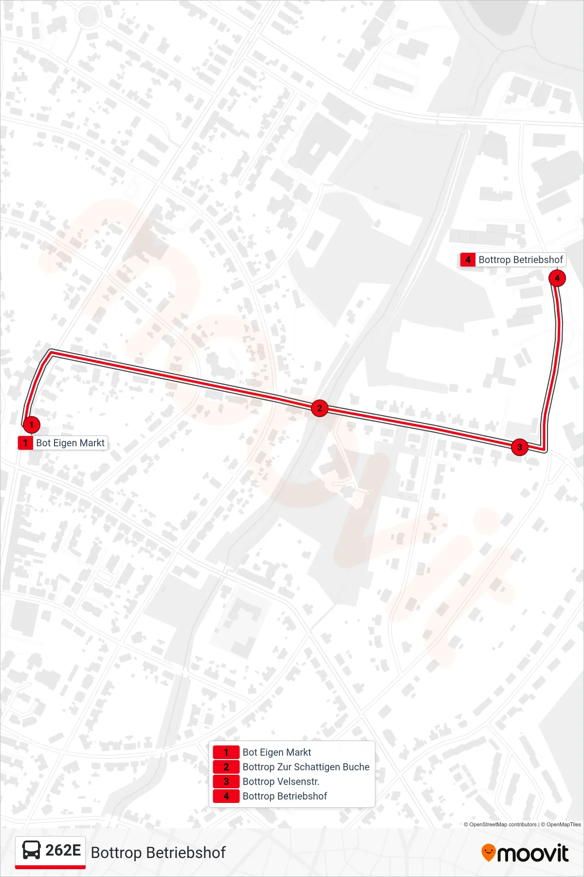 262E bus Line (Bottrop Betriebshof) route and stops on a map