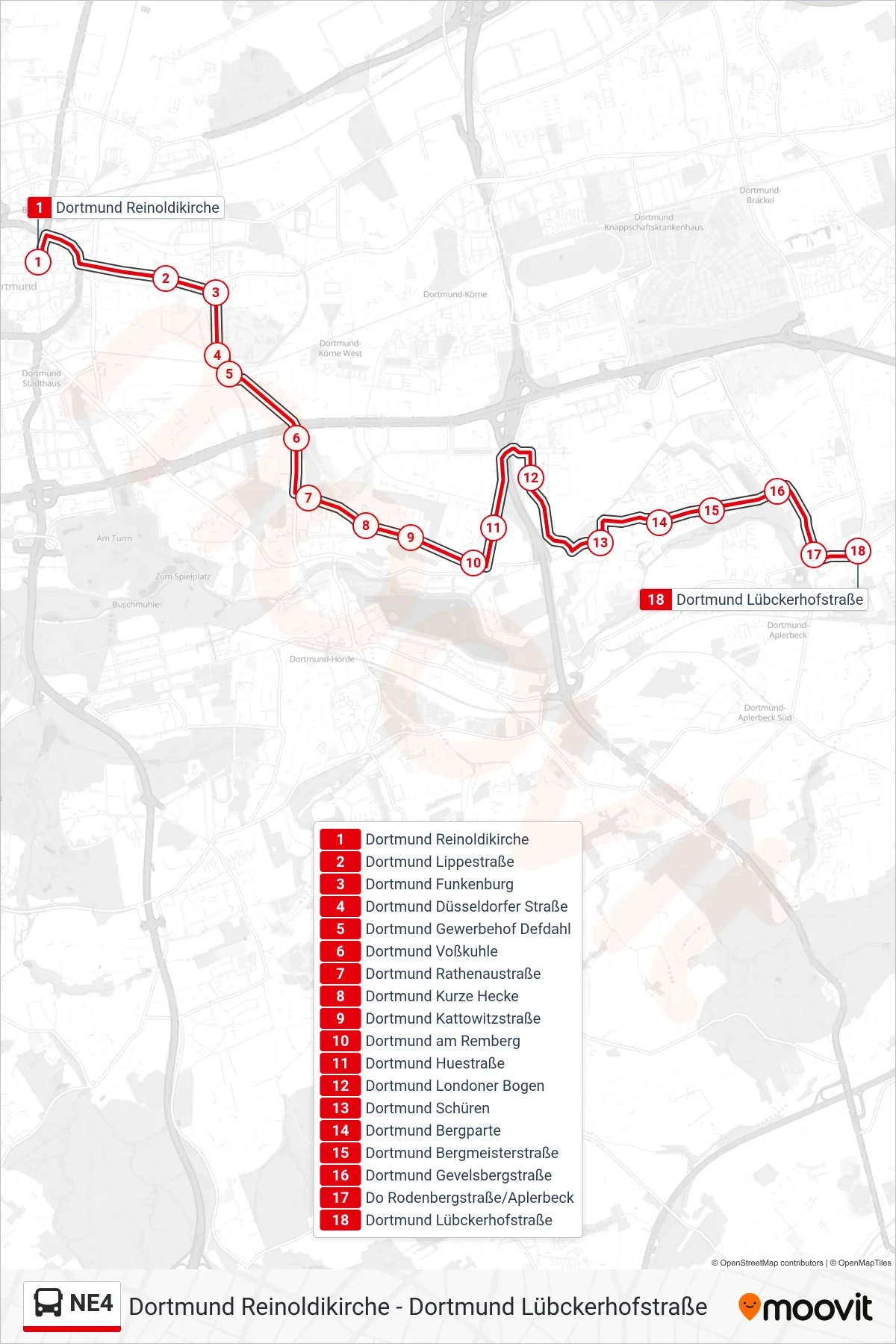 Linie NE4 (Bus) Richtung Dortmund Lübckerhofstraße: Route und Haltestellen auf der Karte
