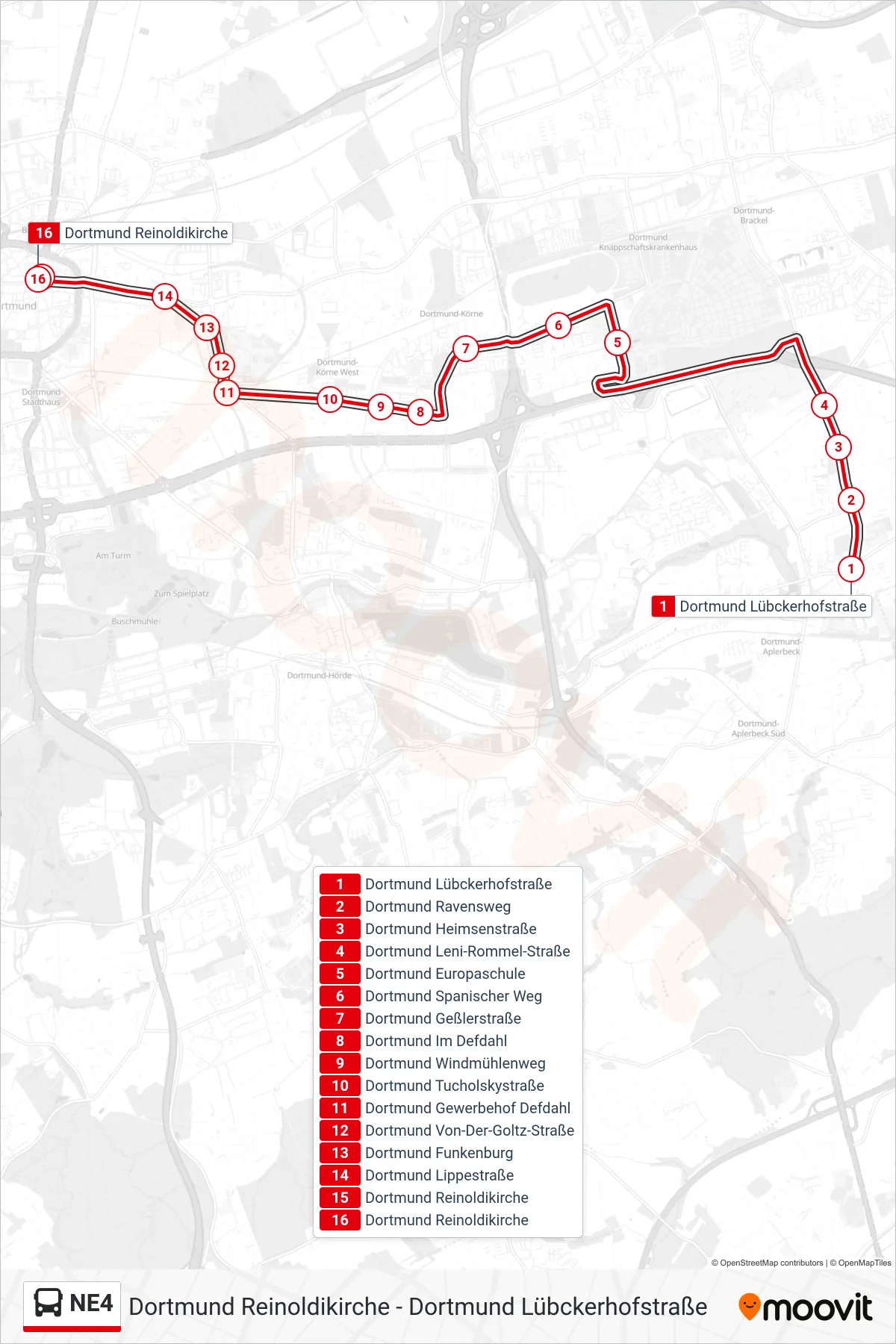 NE4 bus Line (Dortmund Reinoldikirche) route and stops on a map