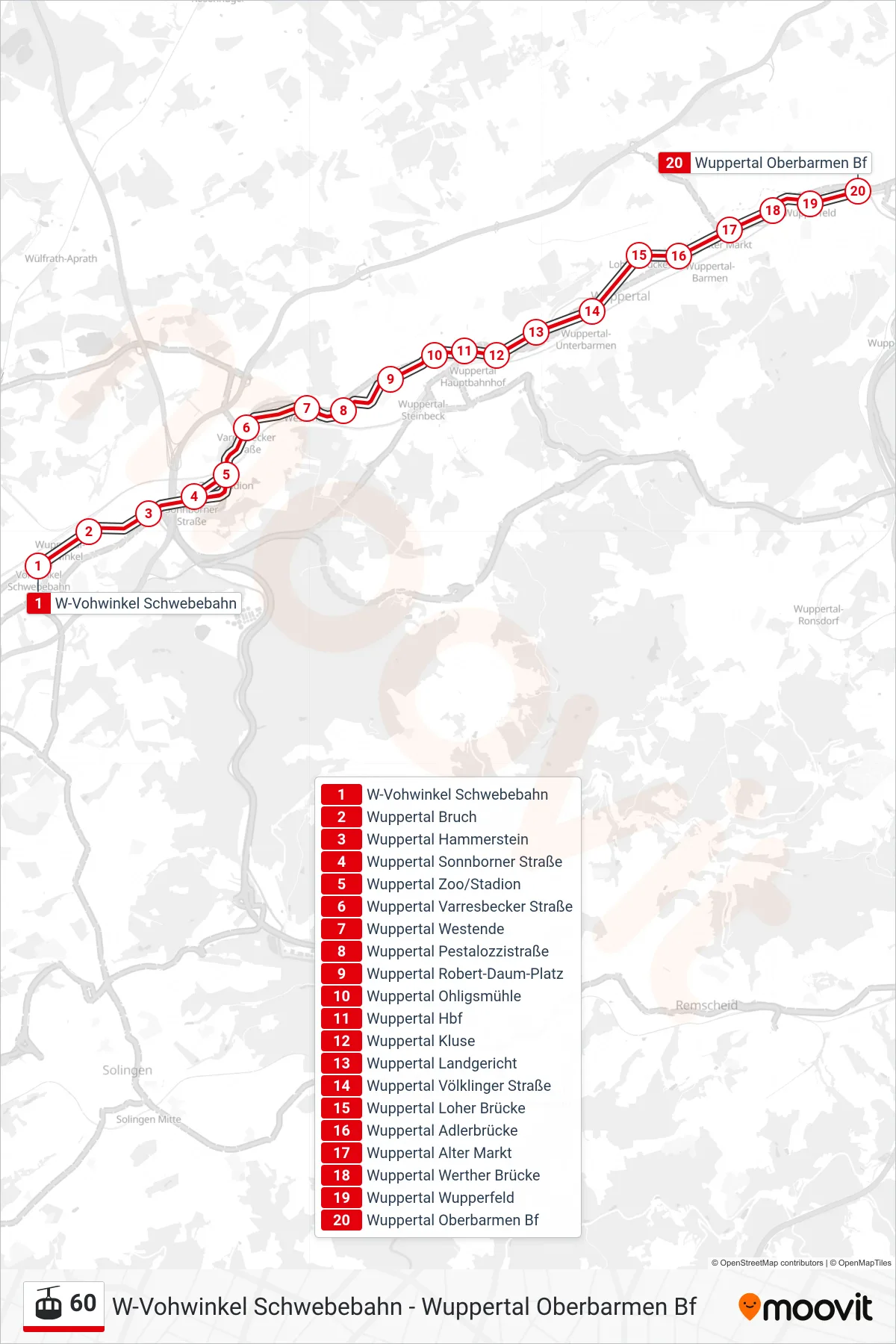 Linie 60 (Gondel / Schwebebahn) Richtung Wuppertal Oberbarmen Bf: Route und Haltestellen auf der Karte
