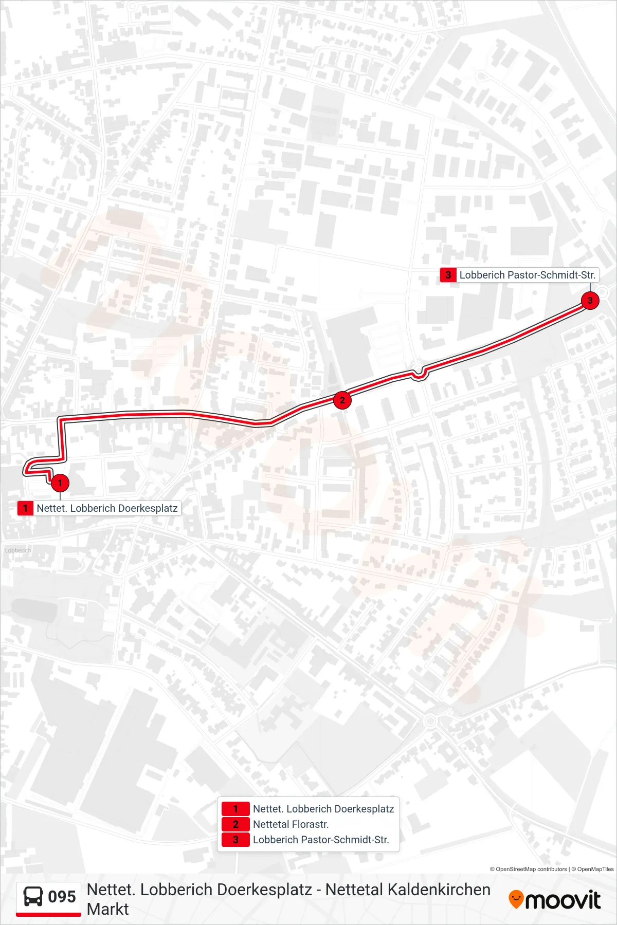 Linie 095 (Bus) Richtung Lobberich Pastor-Schmidt-Str.: Route und Haltestellen auf der Karte